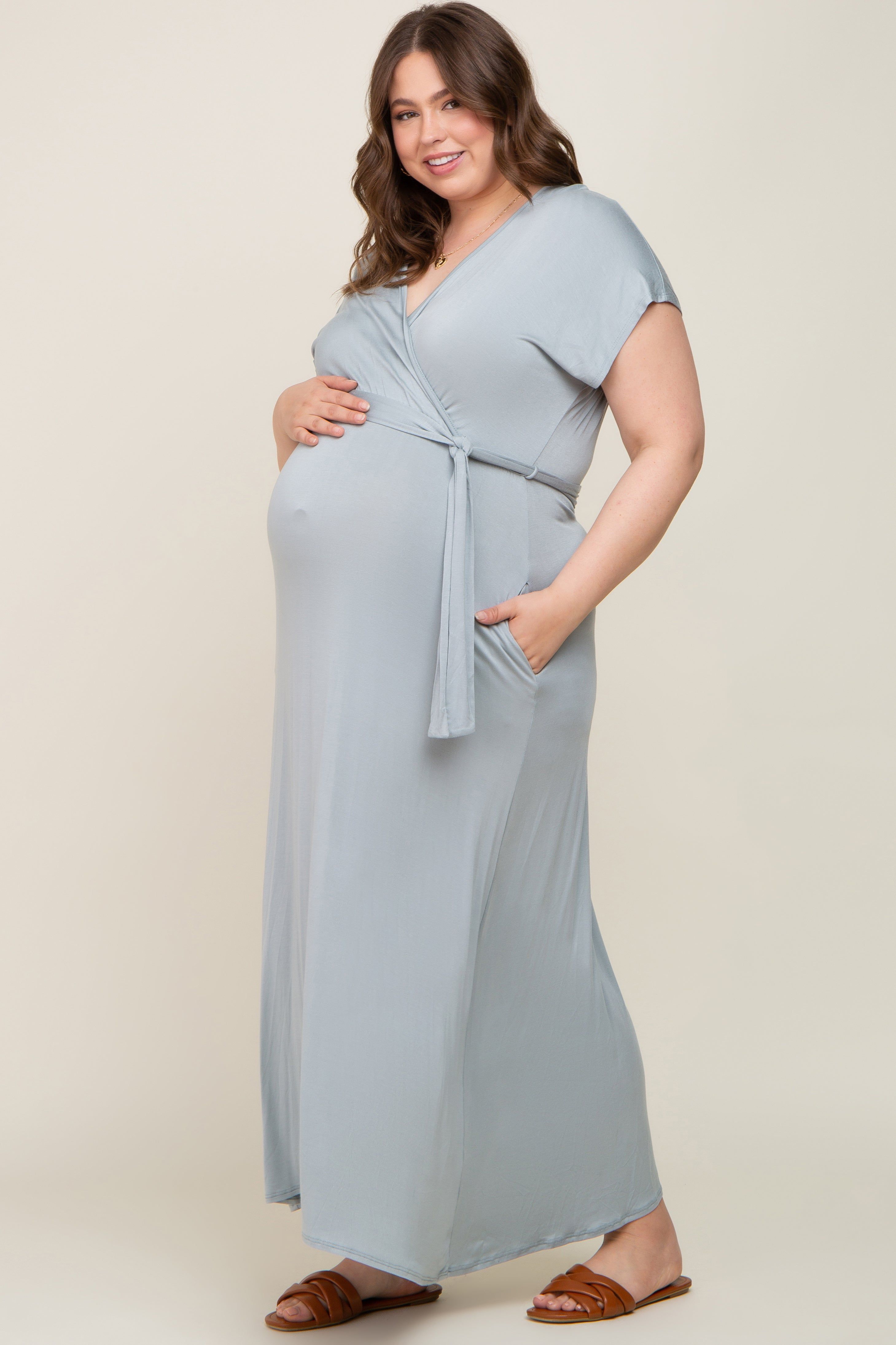 Dark Mint Basic Maternity Plus Wrap Maxi Dress sold by Pinkblush product image thumbnail 2