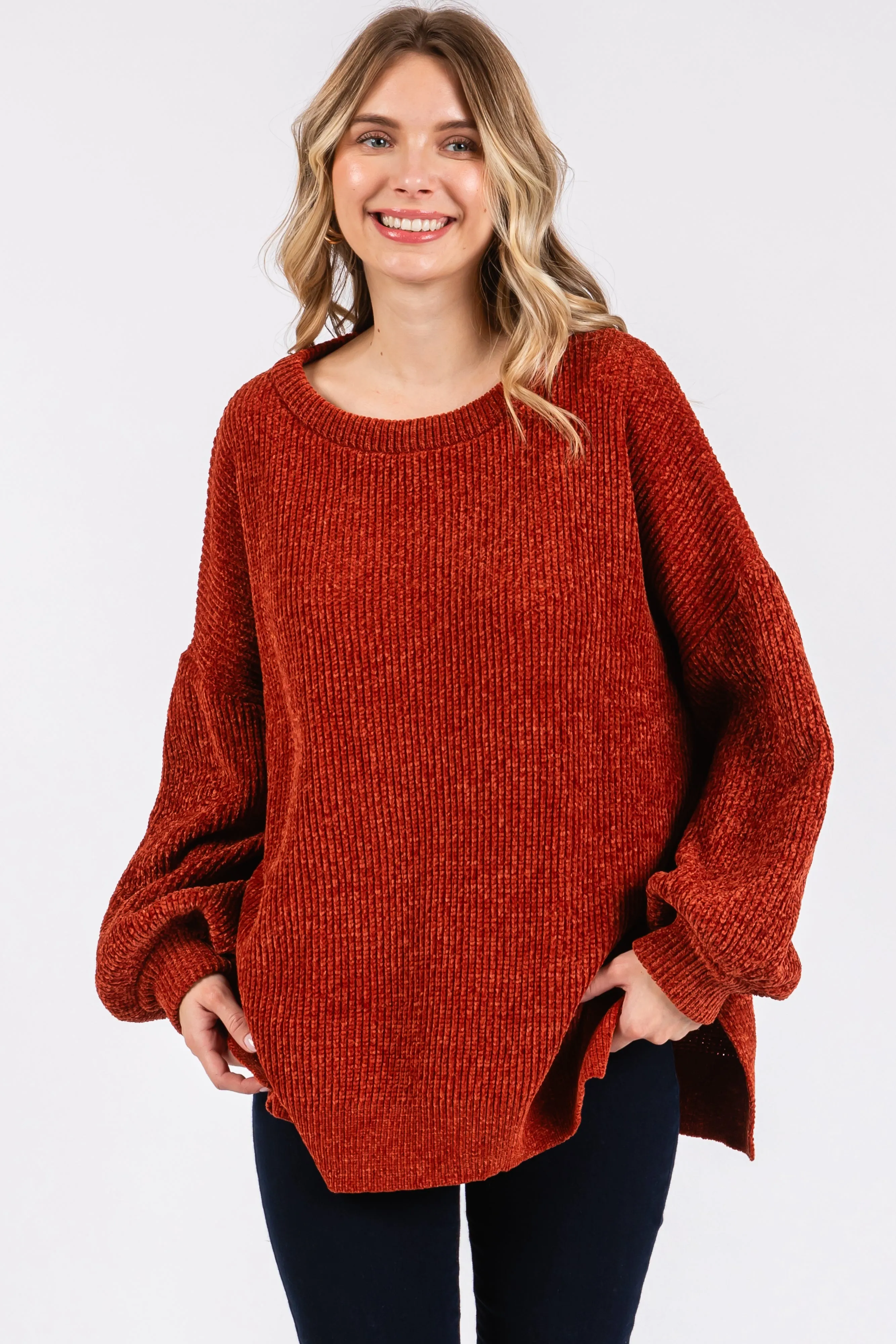 Rust Chenille Knit Balloon Sleeve Sweater sold by Pinkblush
