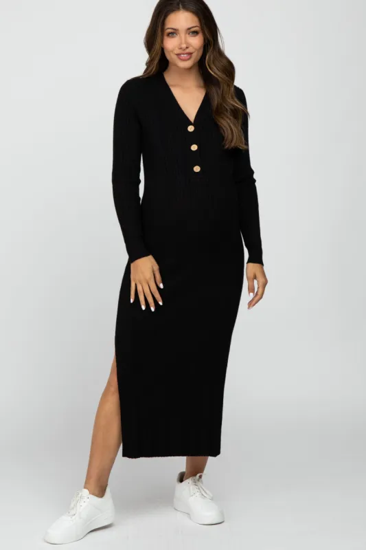 Black Ribbed Knit Side Slit Maternity Maxi Dress sold by Pinkblush