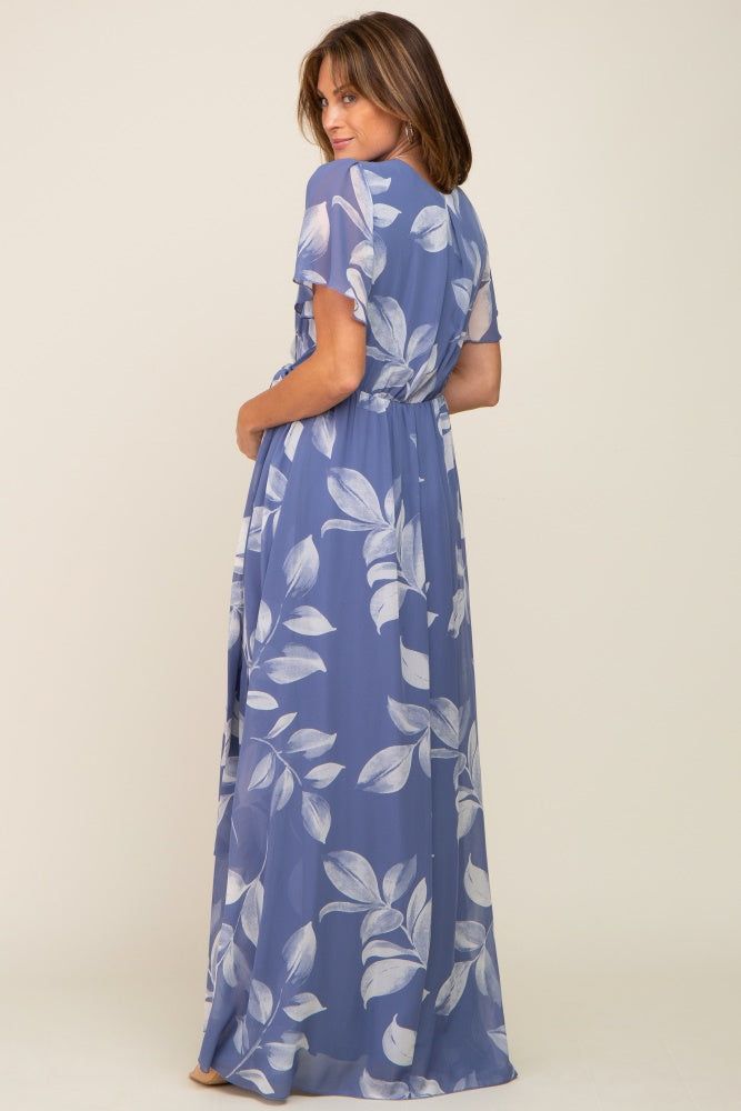 Blue Leaf Print Chiffon V-Neck Front Slit Dress sold by Pinkblush product image thumbnail 3