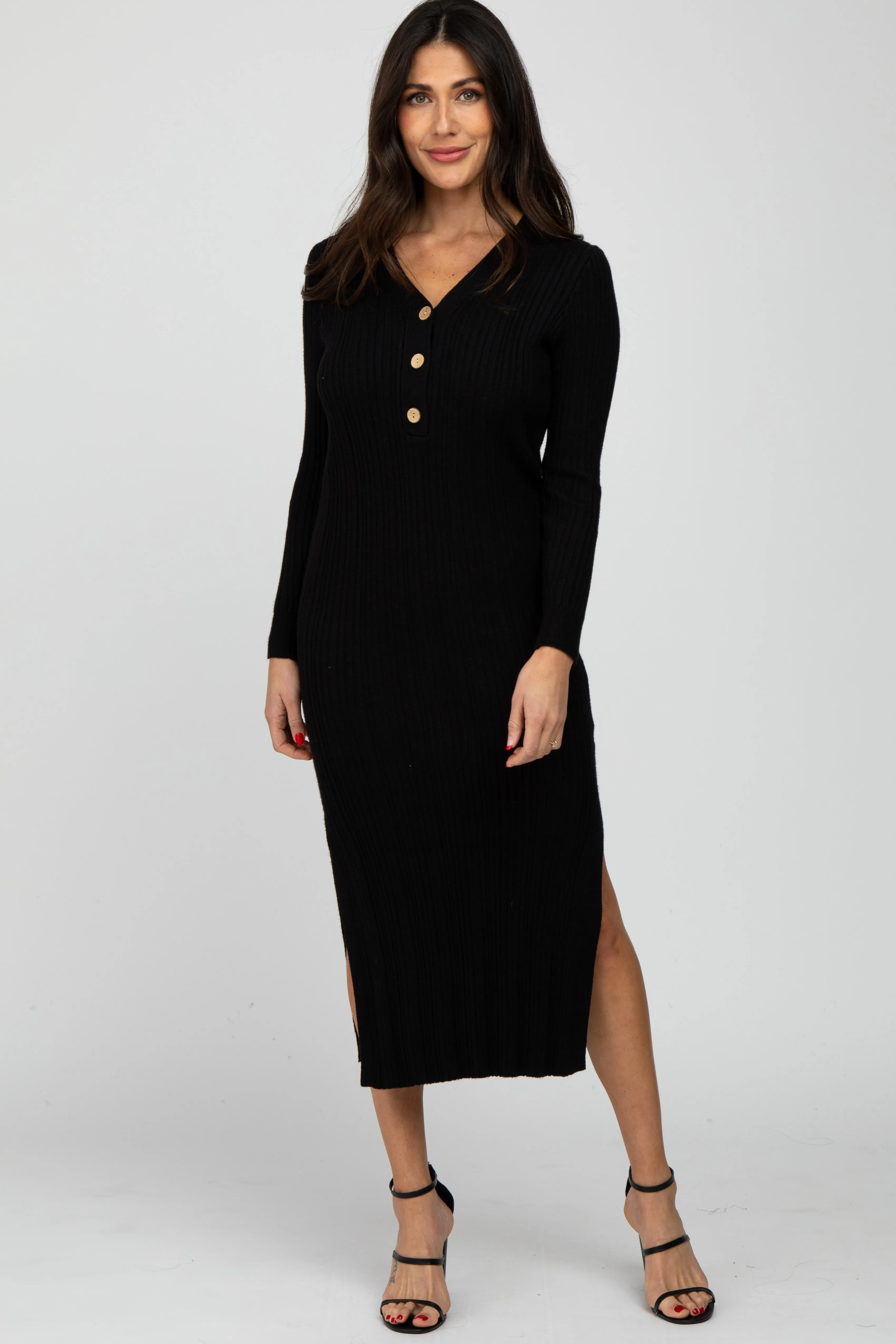 Black Ribbed Knit Side Slit Maternity Maxi Dress sold by Pinkblush product image thumbnail 5