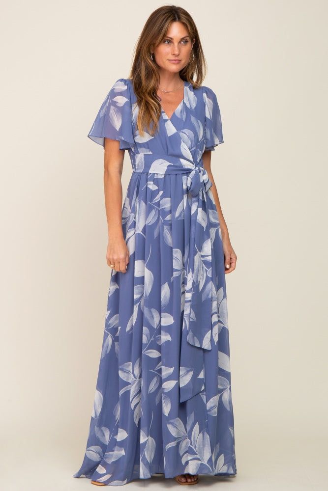 Blue Leaf Print Chiffon V-Neck Front Slit Dress sold by Pinkblush product image thumbnail 4