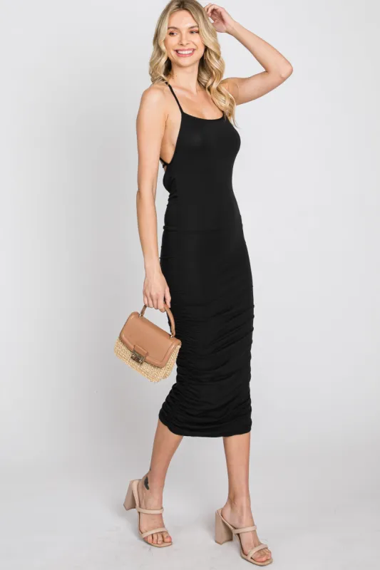 Black Ruched Criss Cross Back Midi Dress sold by Pinkblush