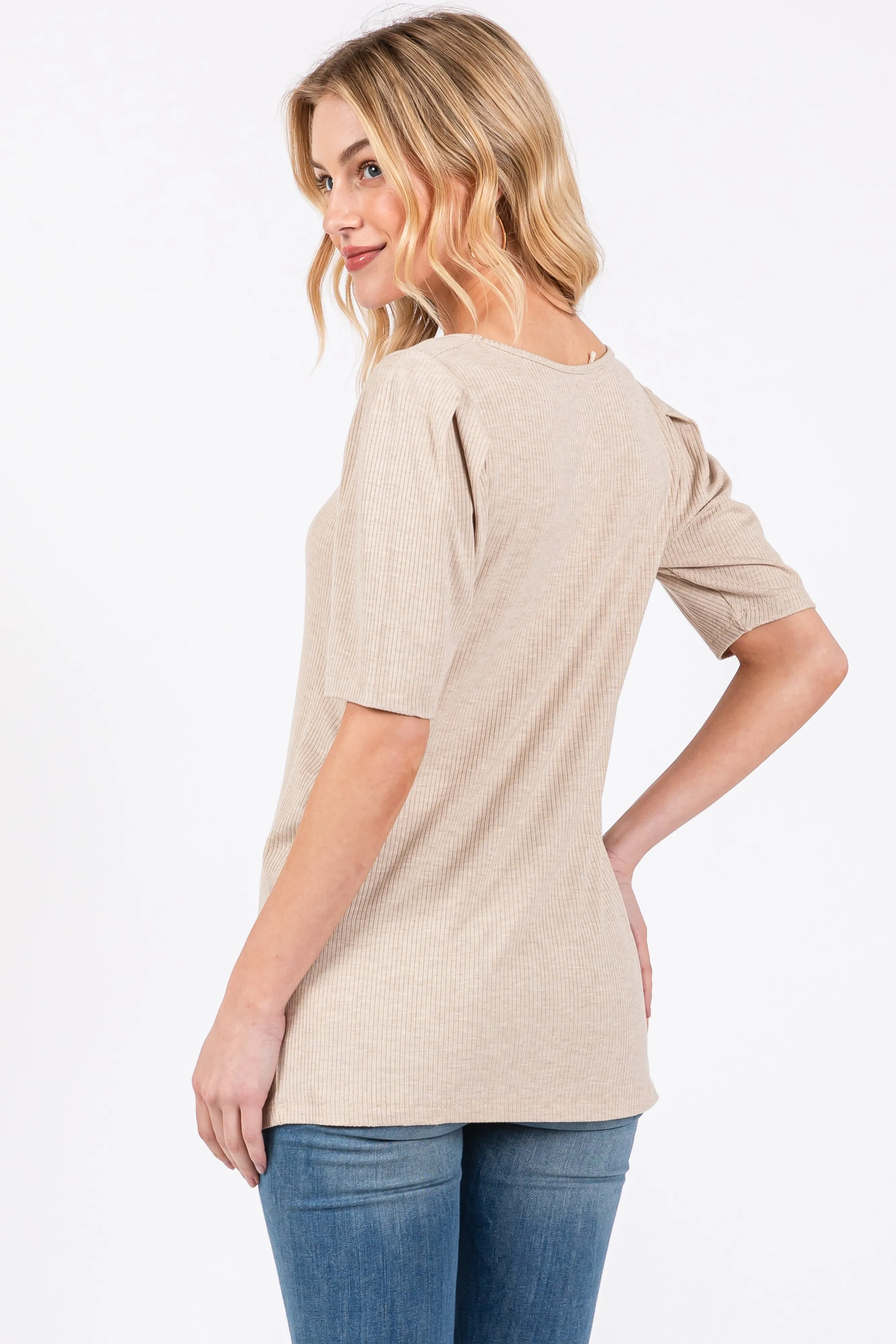 Beige Ribbed Ruched Square Neck Puff Sleeve Top sold by Pinkblush product image thumbnail 2
