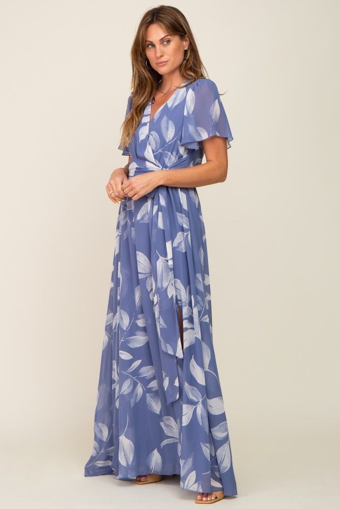 Blue Leaf Print Chiffon V-Neck Front Slit Dress sold by Pinkblush product image thumbnail 2