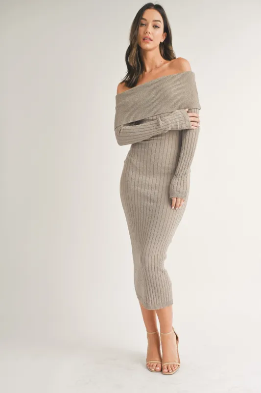 Taupe Rib Knit Off Shoulder Maxi Dress sold by Pinkblush