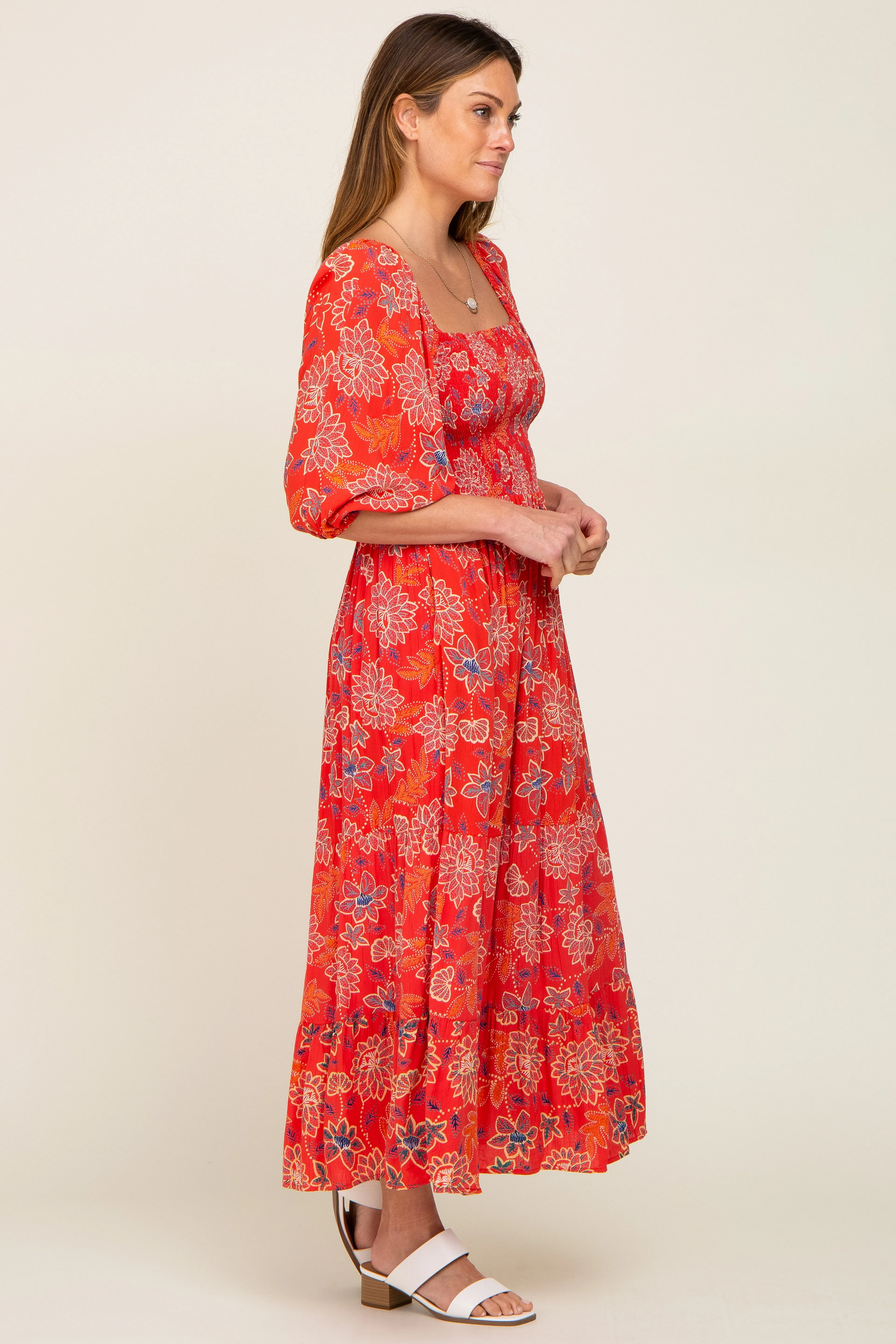Red Floral Smocked Square Neck Tiered Midi Dress sold by Pinkblush product image thumbnail 2