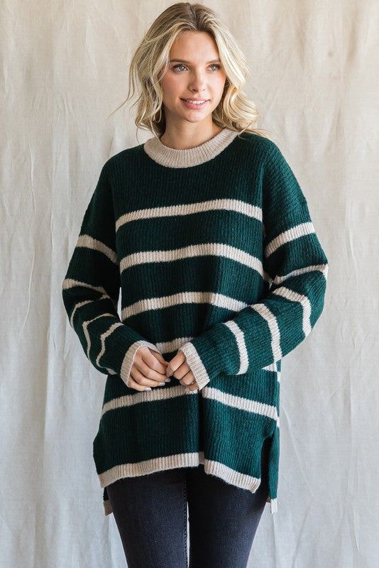 Hunter Green Striped Knit Lightweight Sweater sold by Pinkblush