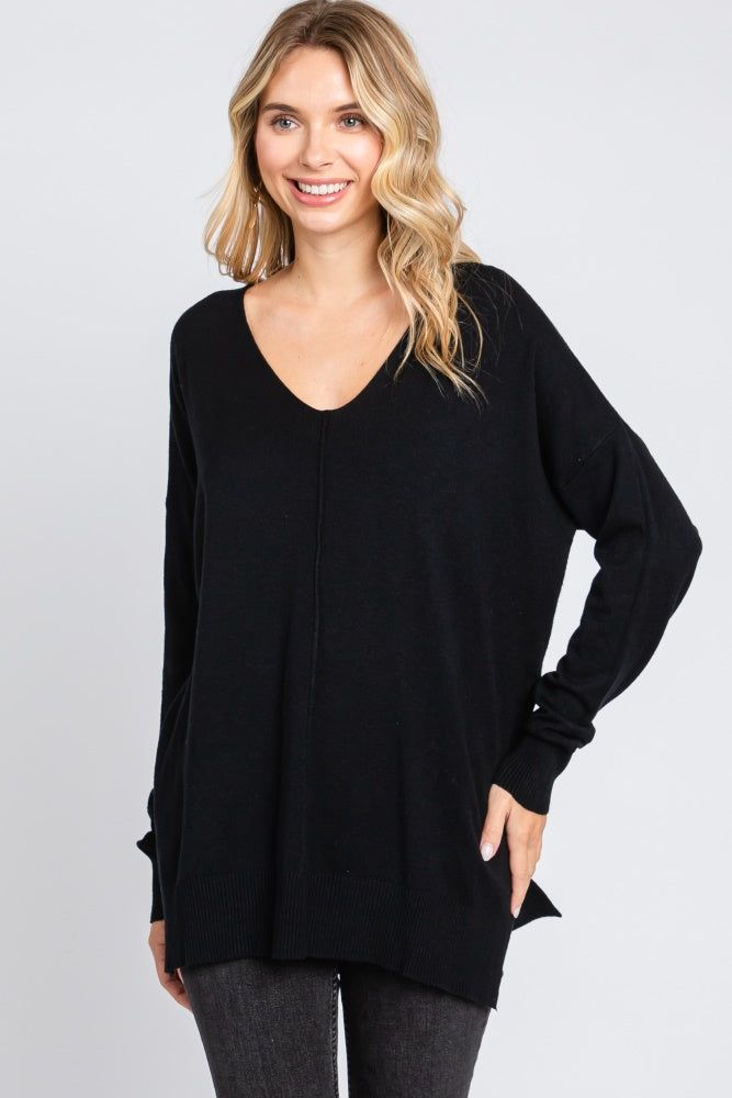 Black Long Sleeve Side Slit Sweater sold by Pinkblush