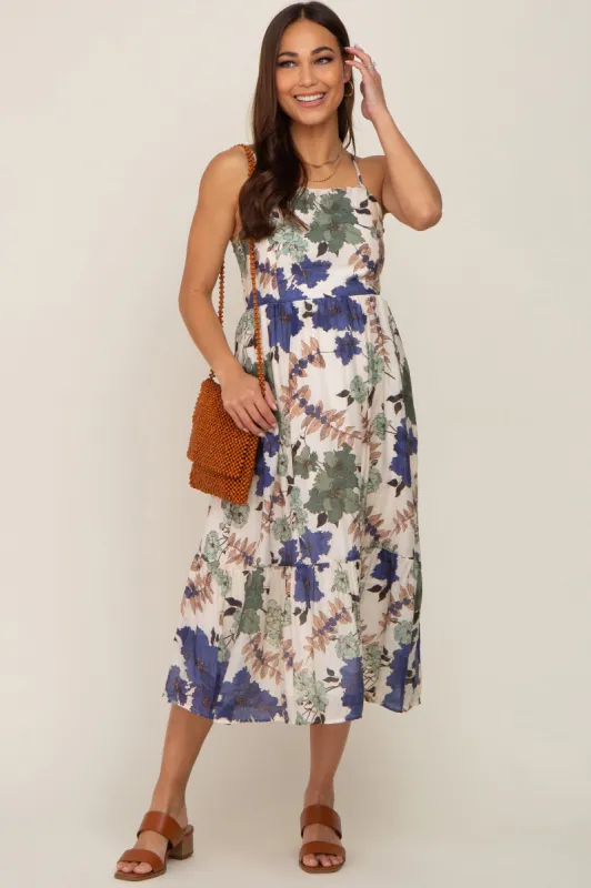 Cream Floral Sleeveless Maternity Midi Dress sold by Pinkblush