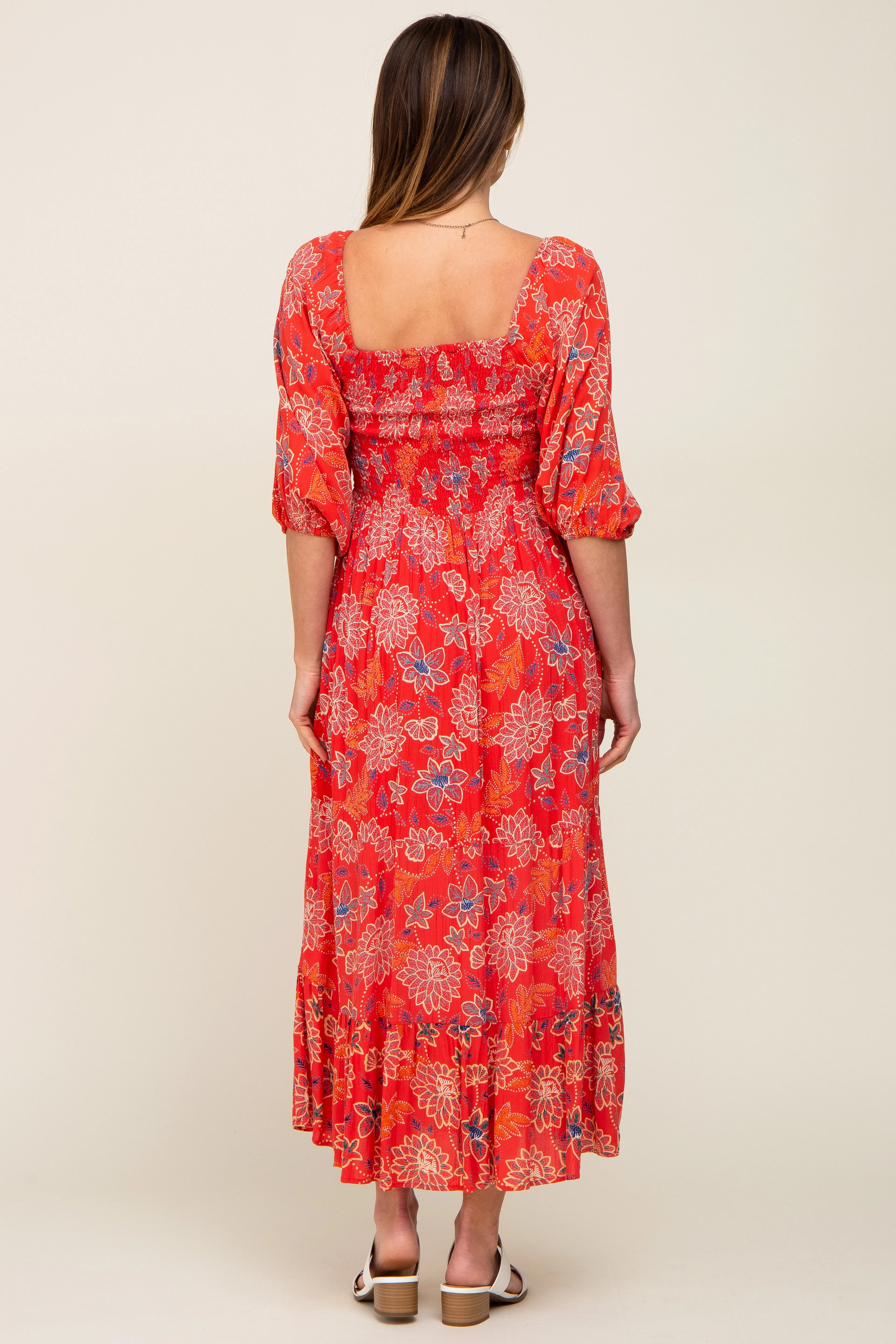 Red Floral Smocked Square Neck Tiered Midi Dress sold by Pinkblush product image thumbnail 3