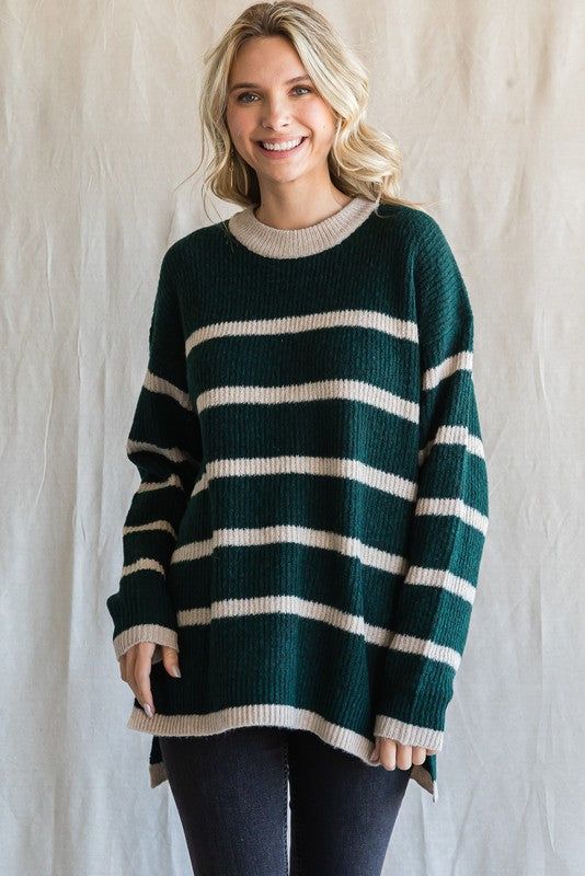 Hunter Green Striped Knit Lightweight Sweater sold by Pinkblush product image thumbnail 2