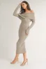 Taupe Rib Knit Off Shoulder Maxi Dress sold by Pinkblush