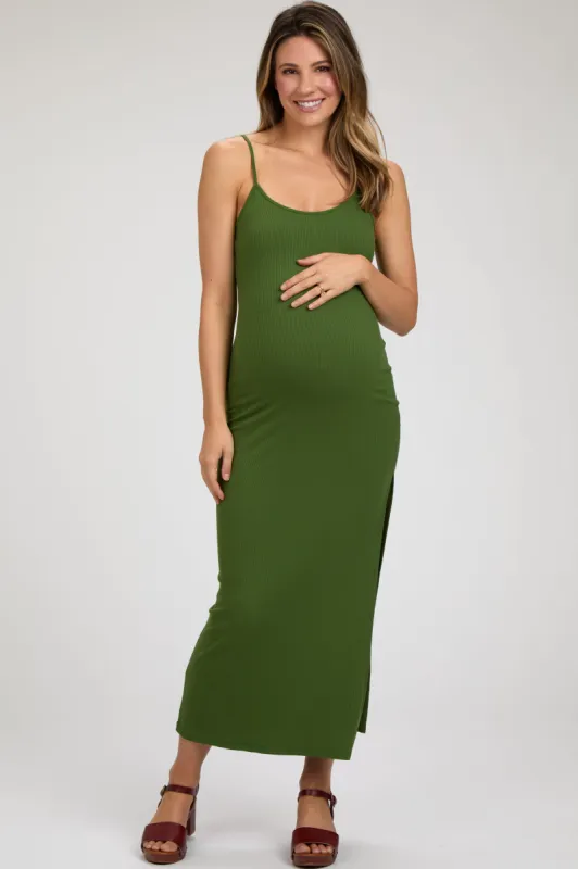 Green Ribbed Sleeveless Side Slit Maternity Dress sold by Pinkblush