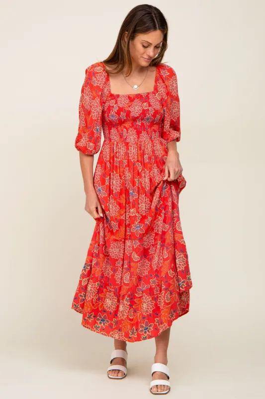 Red Floral Smocked Square Neck Tiered Midi Dress sold by Pinkblush