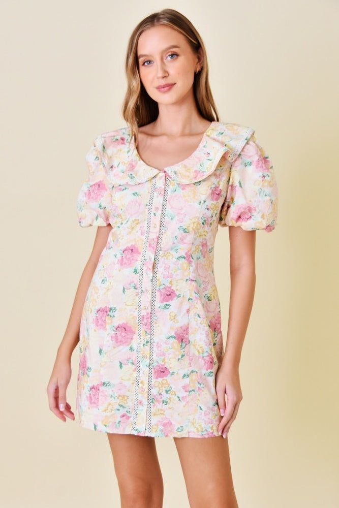 Multi Color Floral Print Collared Mini Dress sold by Pinkblush