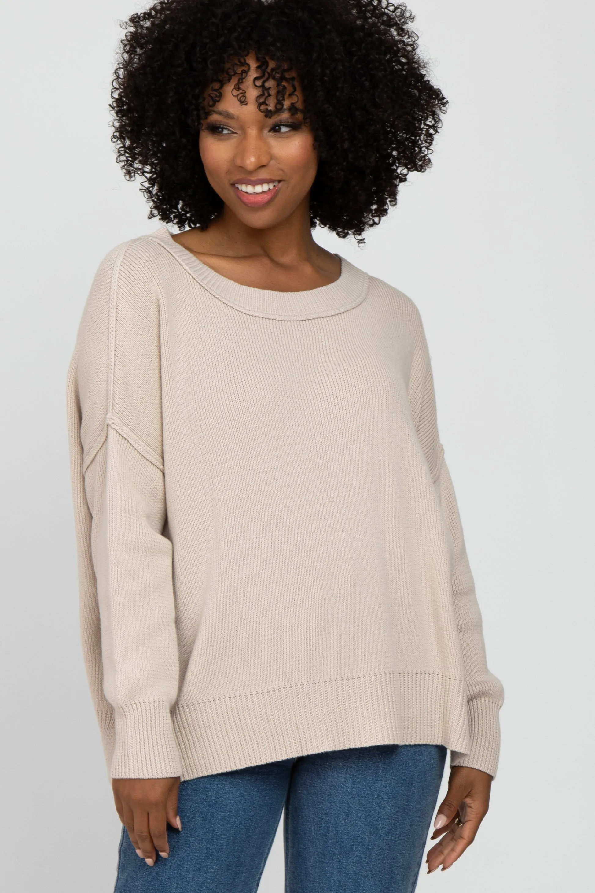 Beige Exposed Seam Side Slit Sweater sold by Pinkblush