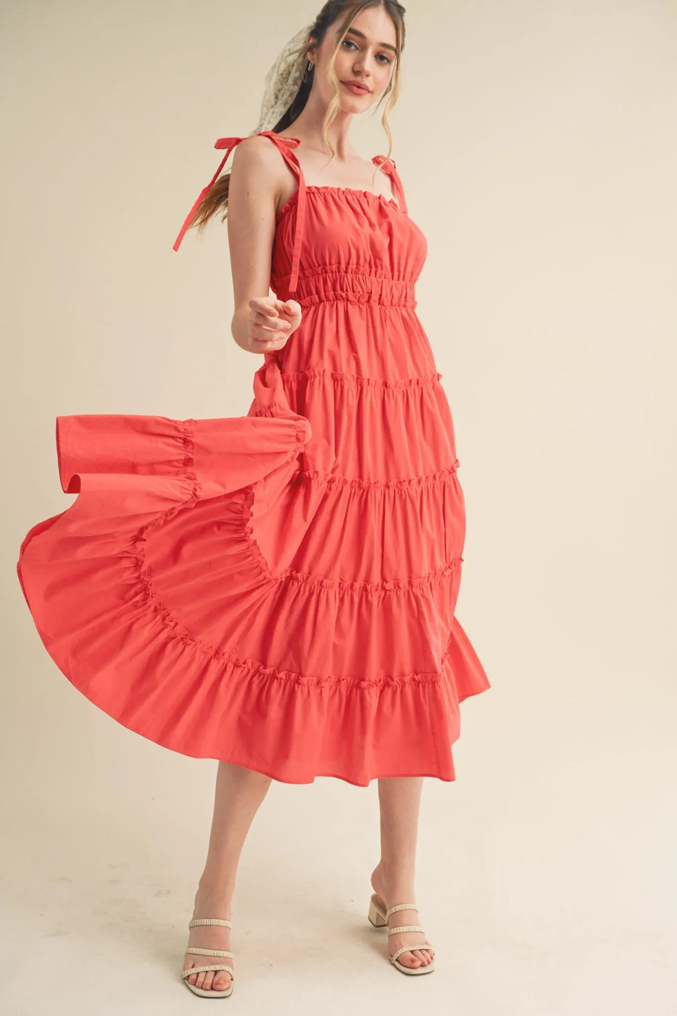 Red Tiered Tie Strap Midi Dress sold by Pinkblush product image thumbnail 3