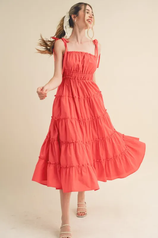 Red Tiered Tie Strap Midi Dress sold by Pinkblush