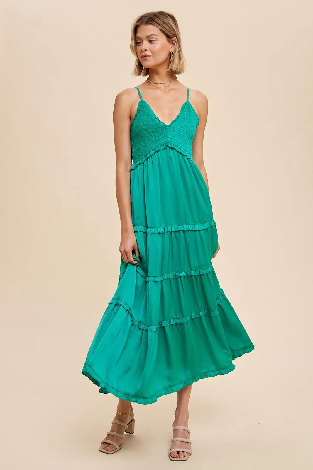 Green Smocked Ruffle Tiered Maternity Maxi Dress sold by Pinkblush product image thumbnail 4