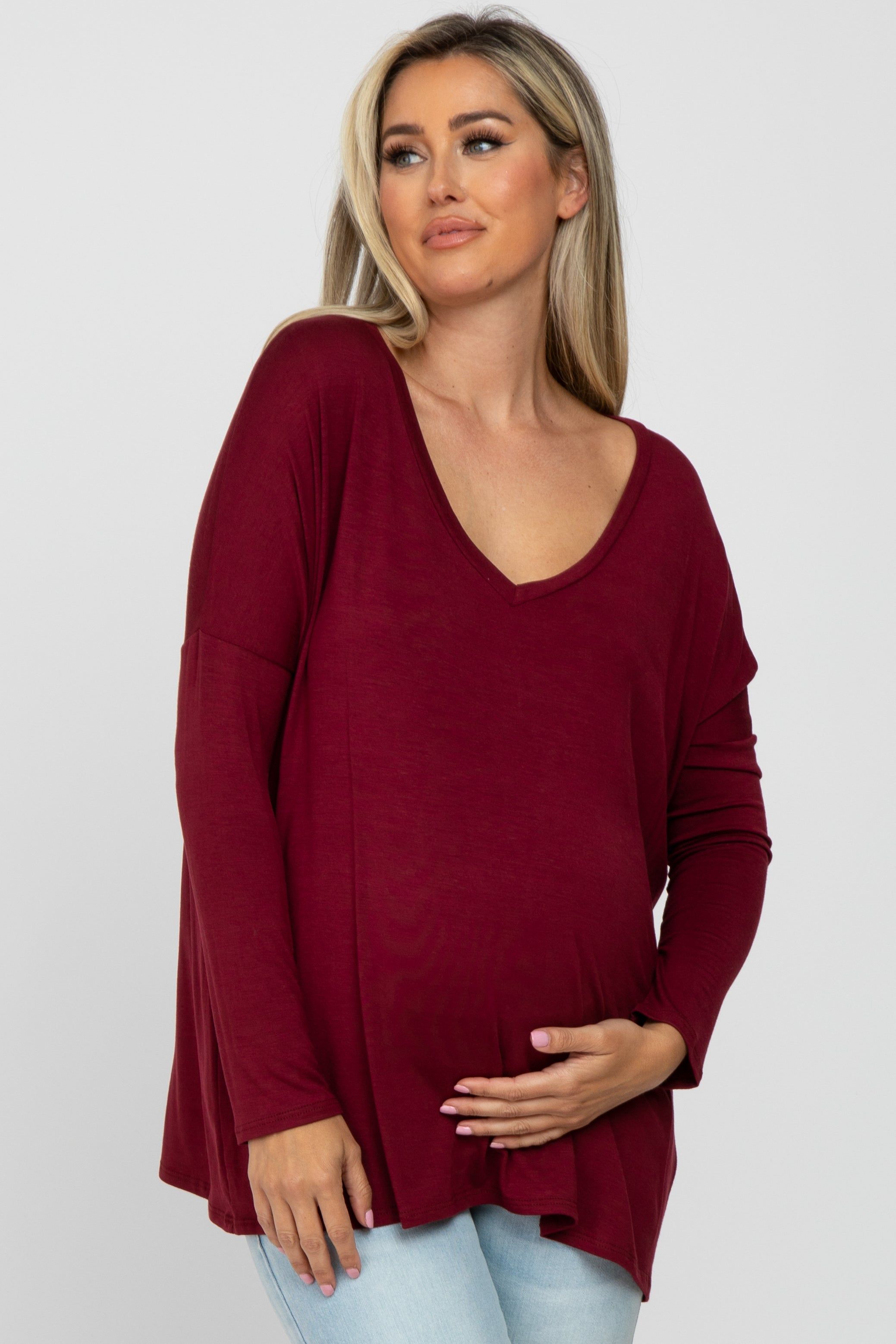 Burgundy V-Neck Maternity Top sold by Pinkblush