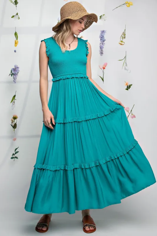 Turquoise Smocked Ruffle Tier Maxi Dress sold by Pinkblush