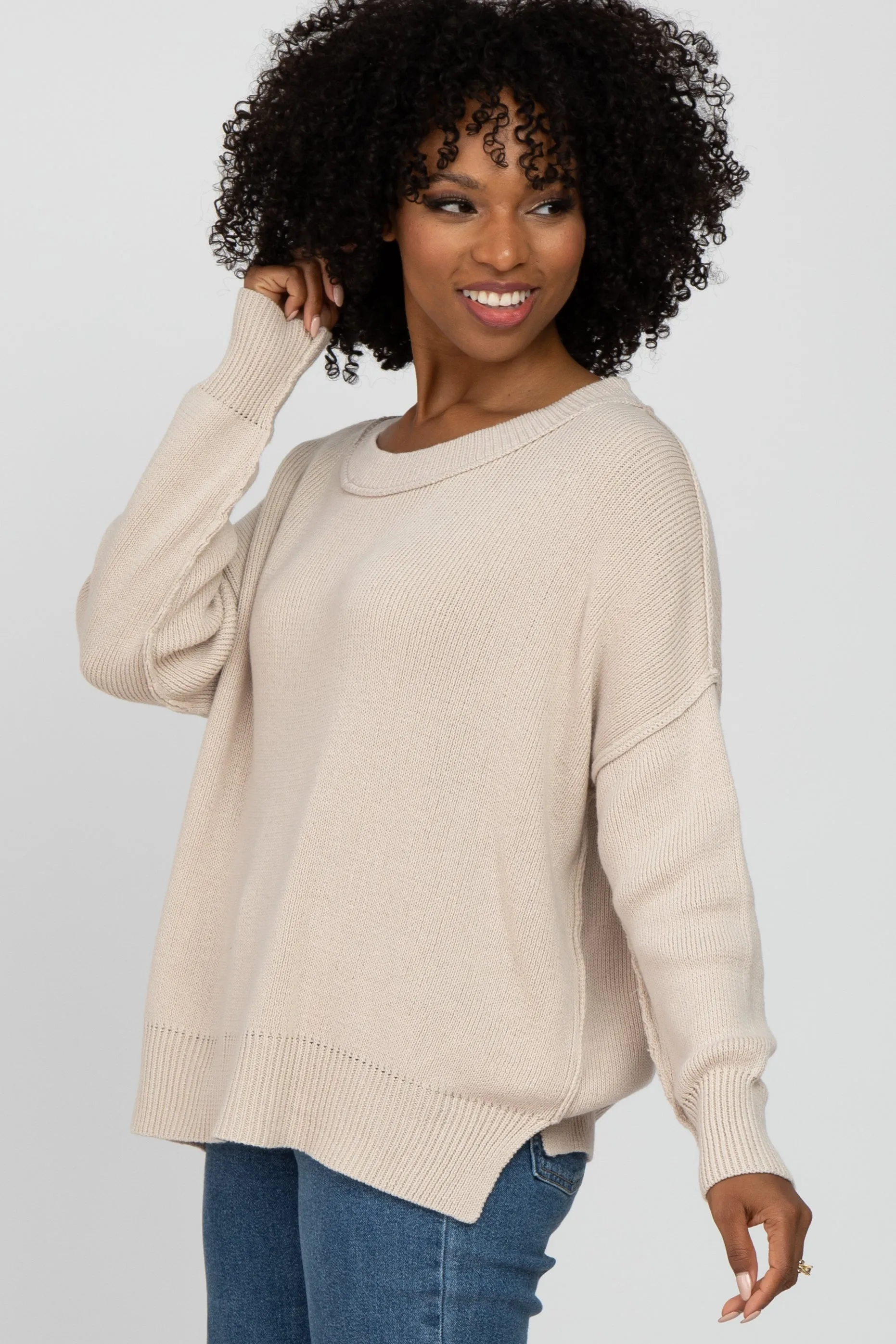 Beige Exposed Seam Side Slit Sweater sold by Pinkblush product image thumbnail 2