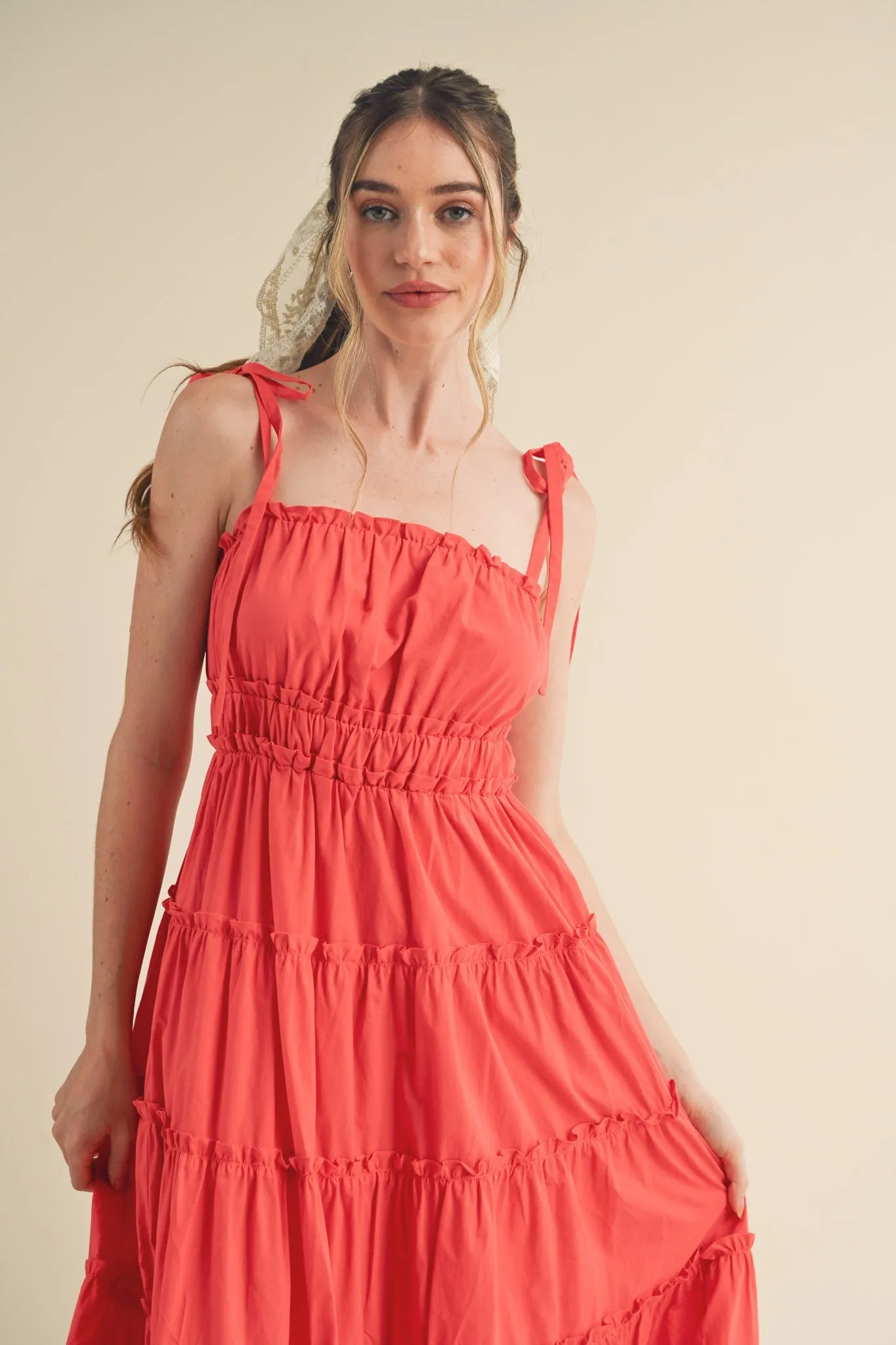 Red Tiered Tie Strap Midi Dress sold by Pinkblush product image thumbnail 4