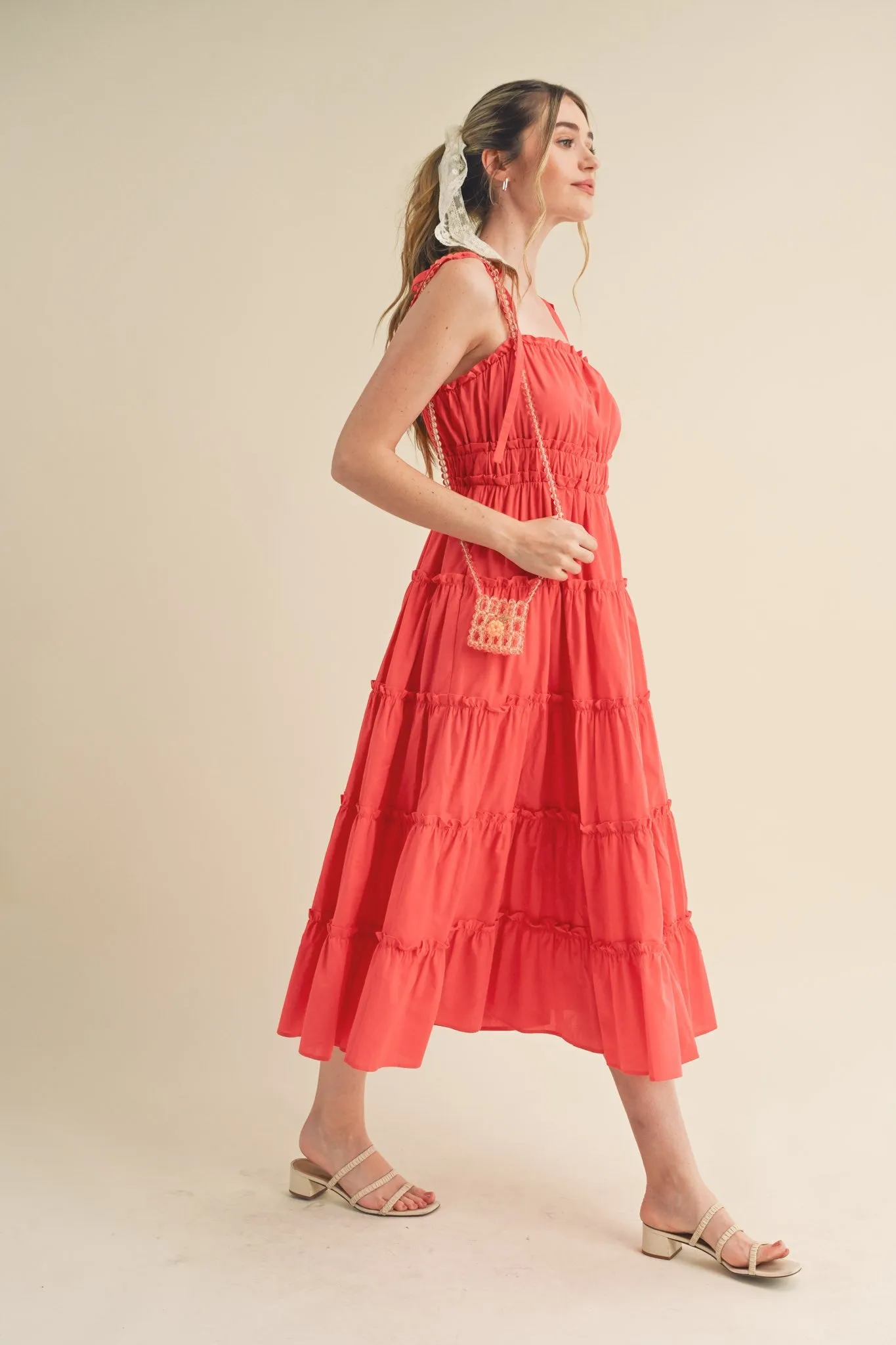Red Tiered Tie Strap Midi Dress sold by Pinkblush product image thumbnail 2