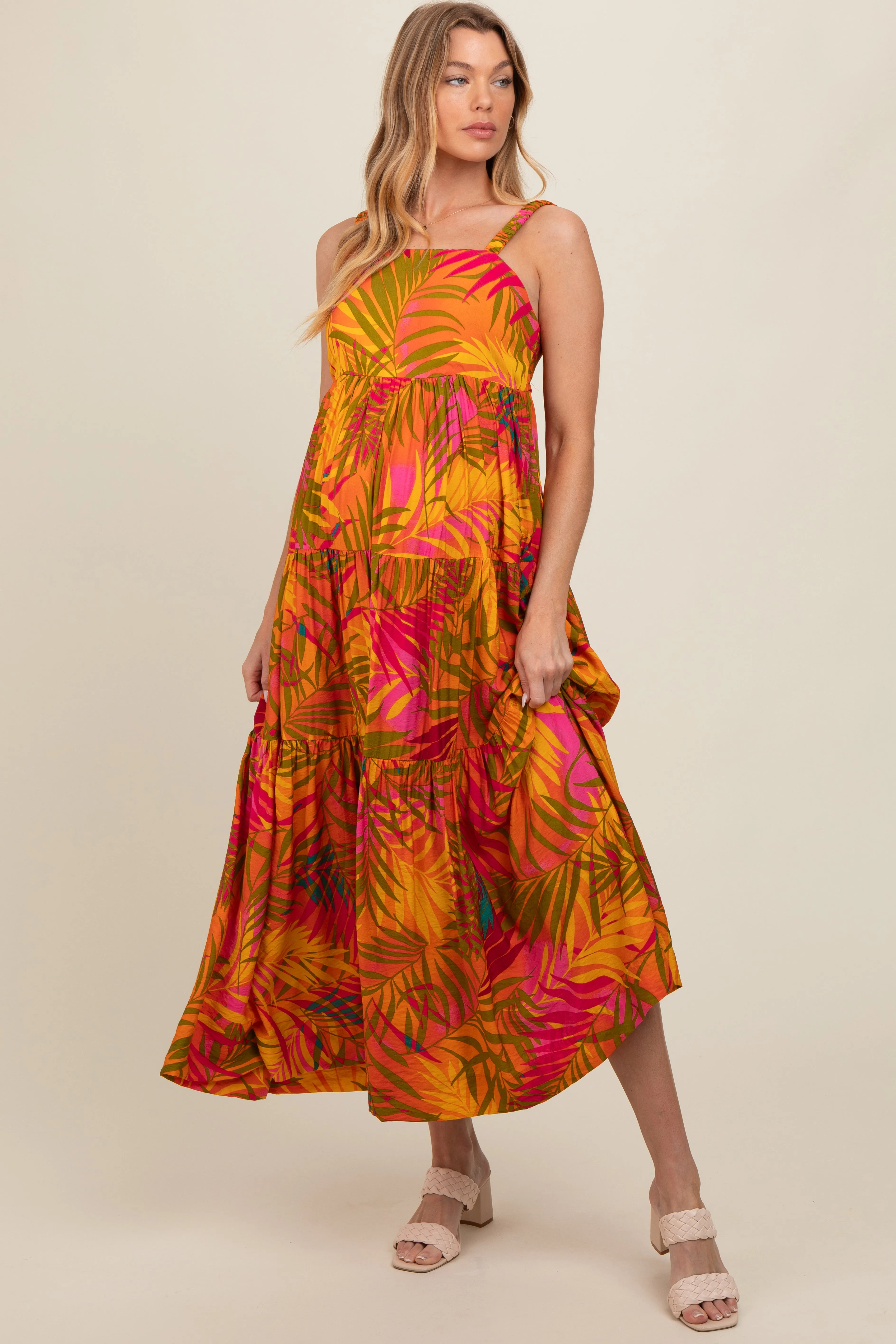 Orange Tropical Tiered Maternity Maxi Dress sold by Pinkblush