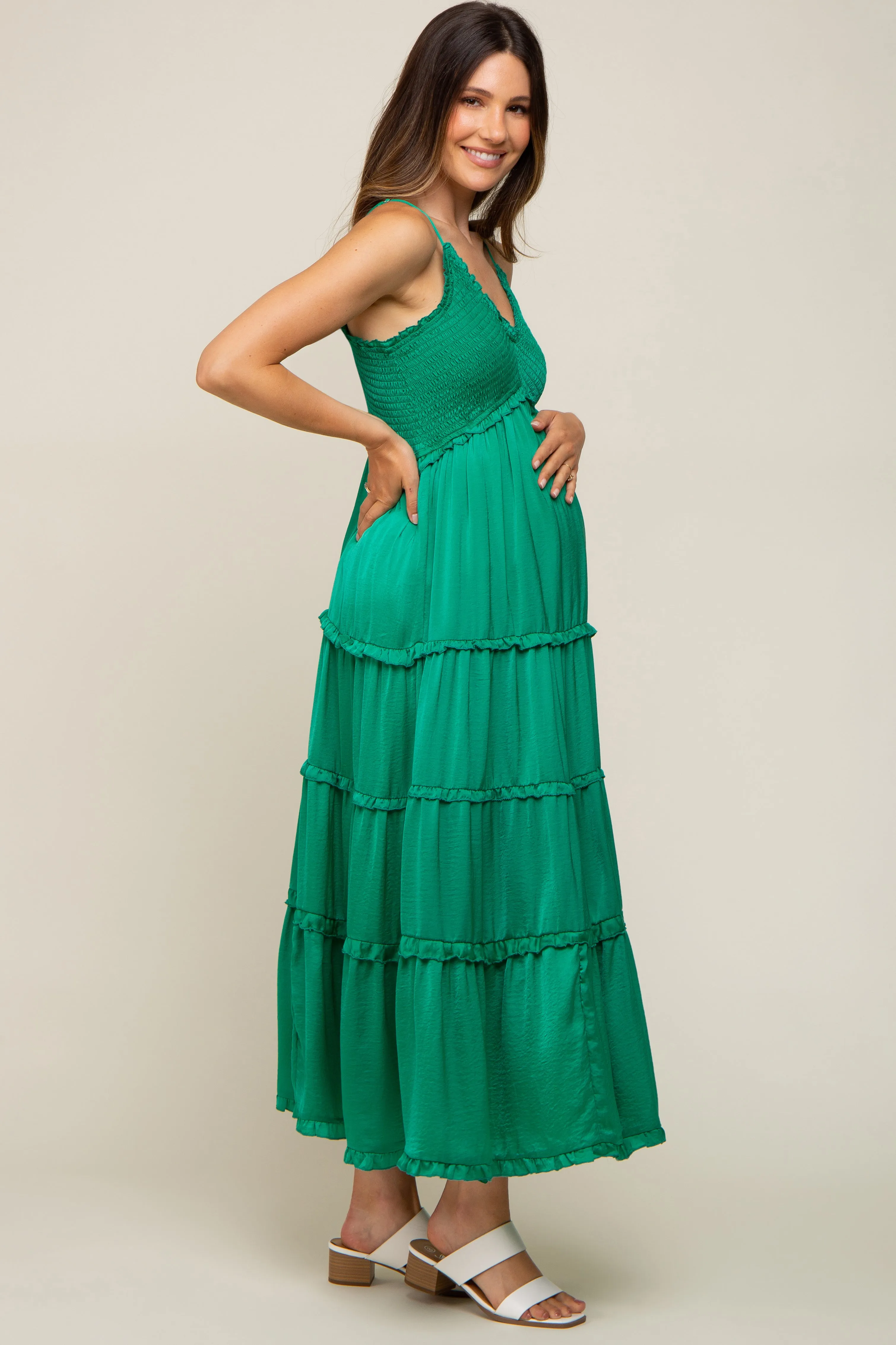 Green Smocked Ruffle Tiered Maternity Maxi Dress sold by Pinkblush product image thumbnail 2