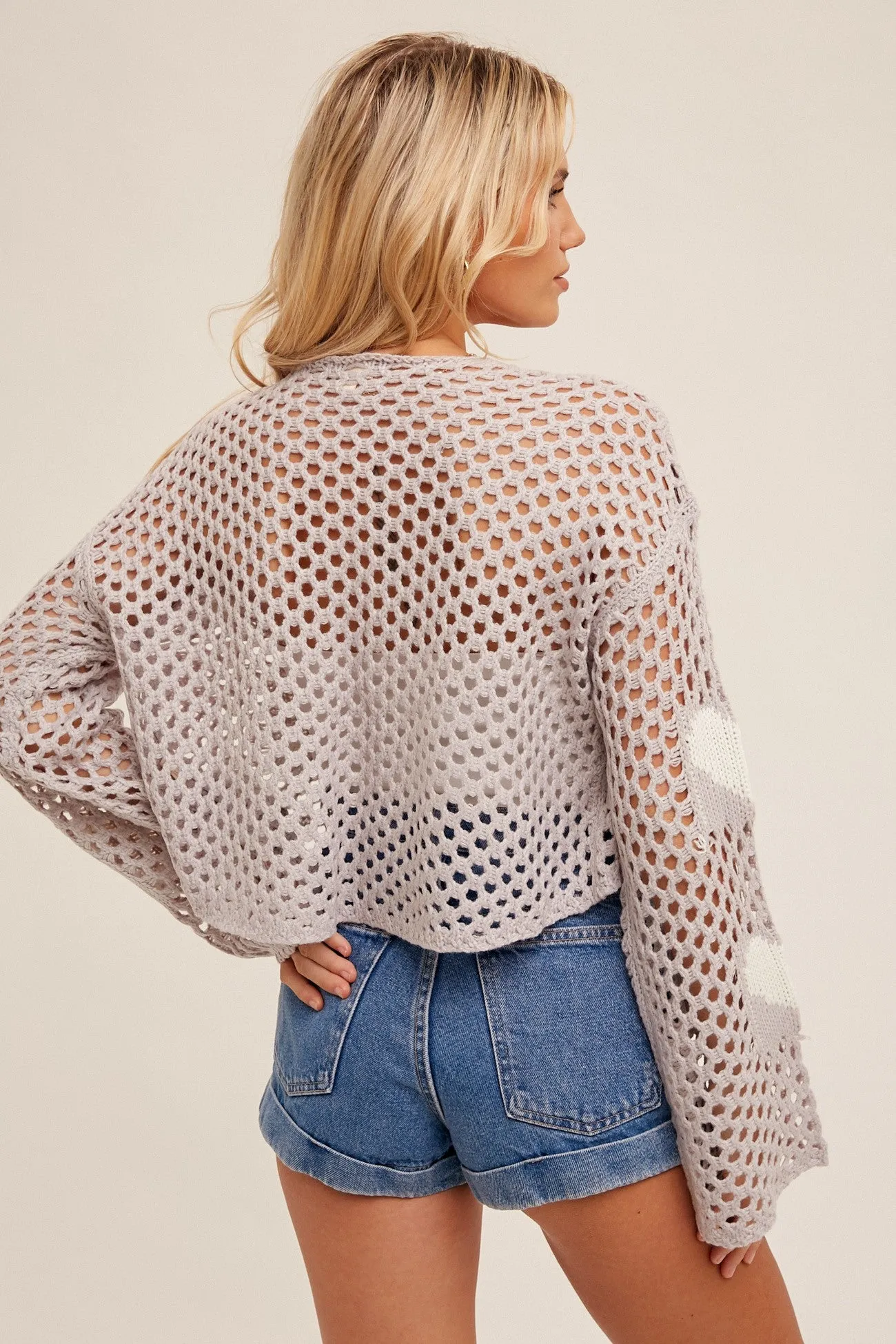 Lavender Heart Pattern Drop Shoulder Open Knit Cardigan sold by Pinkblush product image thumbnail 3