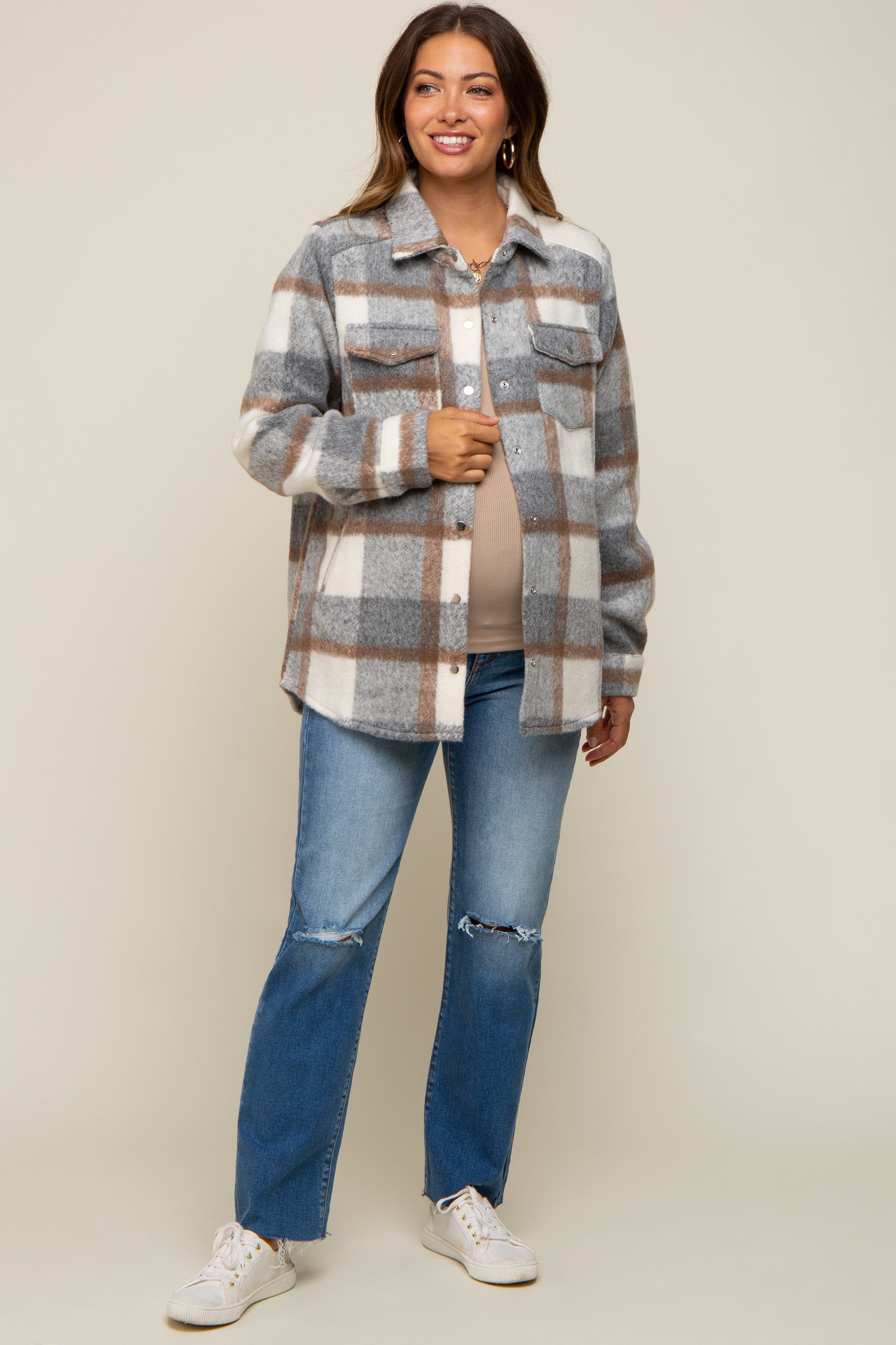 Grey Plaid Fleece Maternity Shirt Jacket sold by Pinkblush product image thumbnail 5