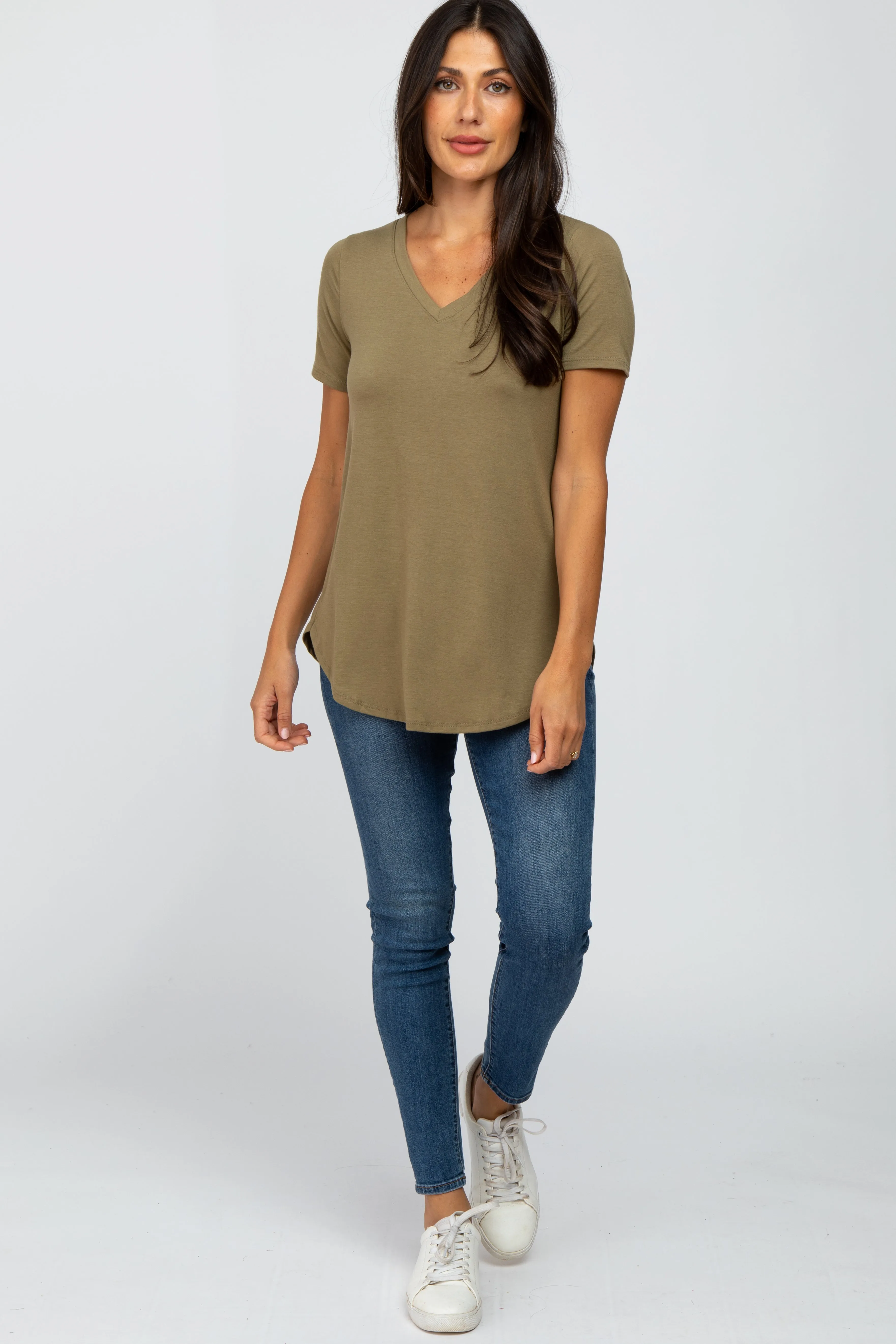 Light Olive V-Neck Short Sleeve Round Hem Top sold by Pinkblush product image thumbnail 4