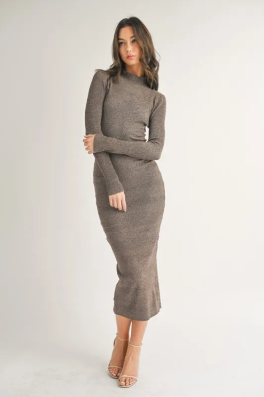 Brown Mock Neck Long Sleeve Midi Dress sold by Pinkblush