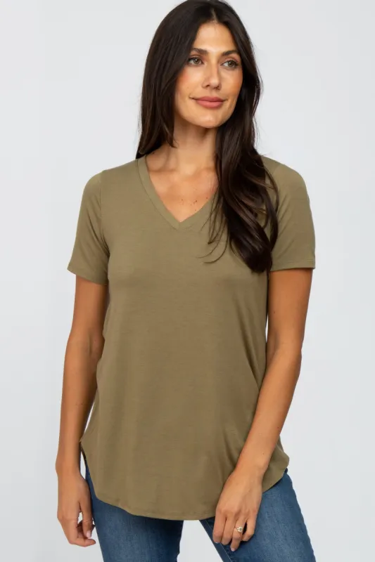 Light Olive V-Neck Short Sleeve Round Hem Top sold by Pinkblush