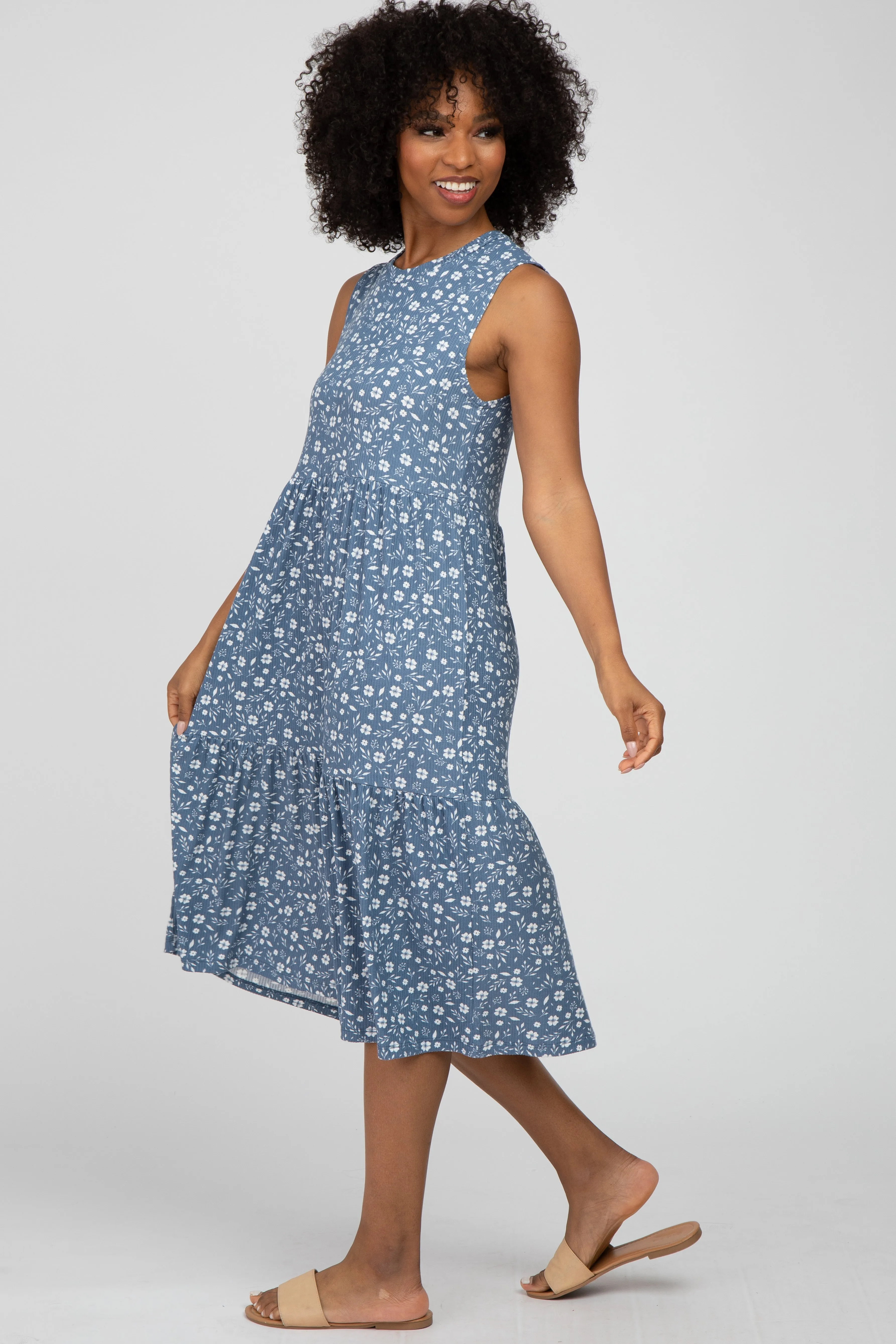 Blue Floral Ribbed Tiered Midi Dress sold by Pinkblush product image thumbnail 2