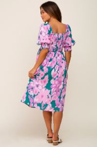 Lavender Floral Square Neck Smocked Maternity Midi Dress sold by Pinkblush