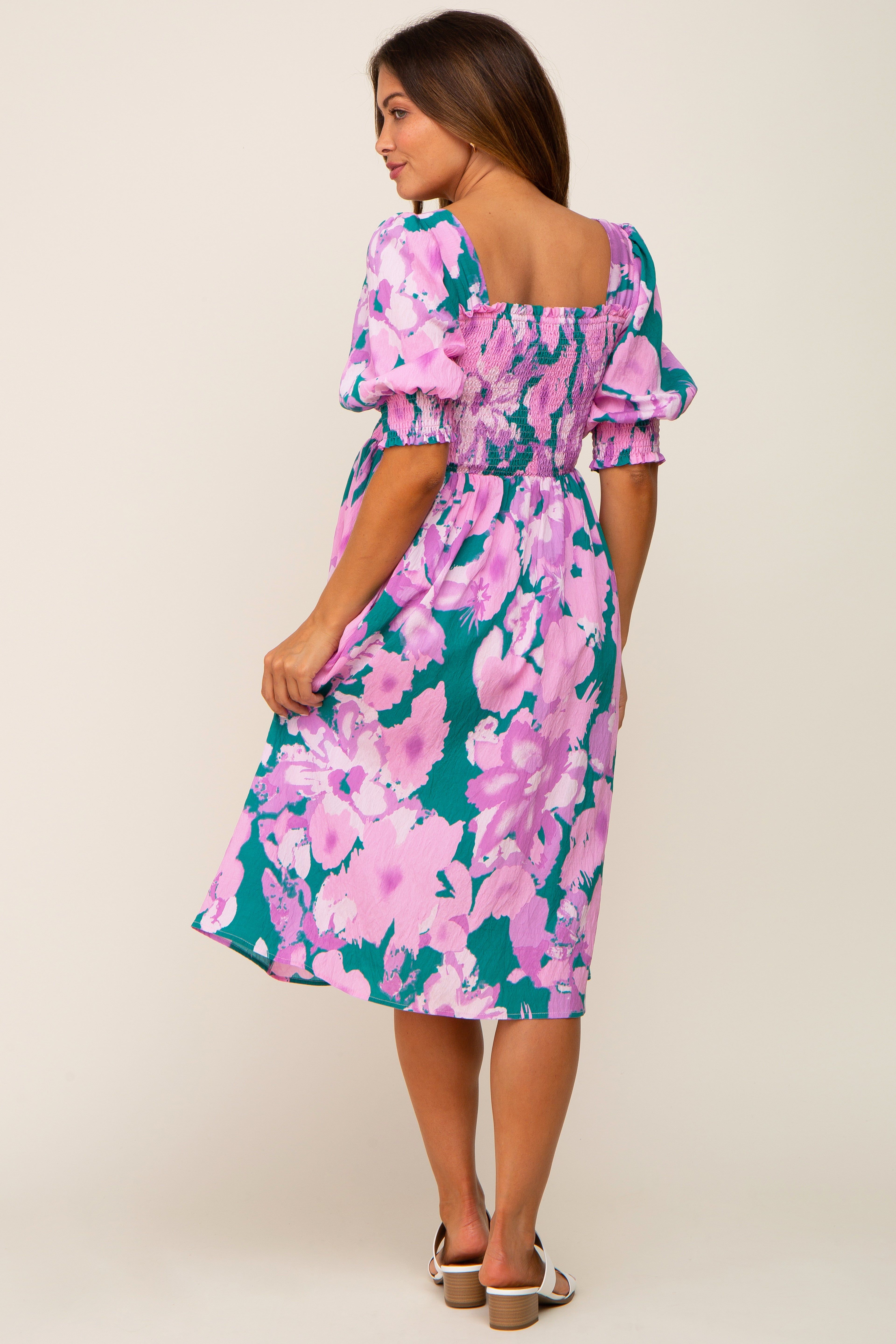 Lavender Floral Square Neck Smocked Maternity Midi Dress sold by Pinkblush product image thumbnail 4