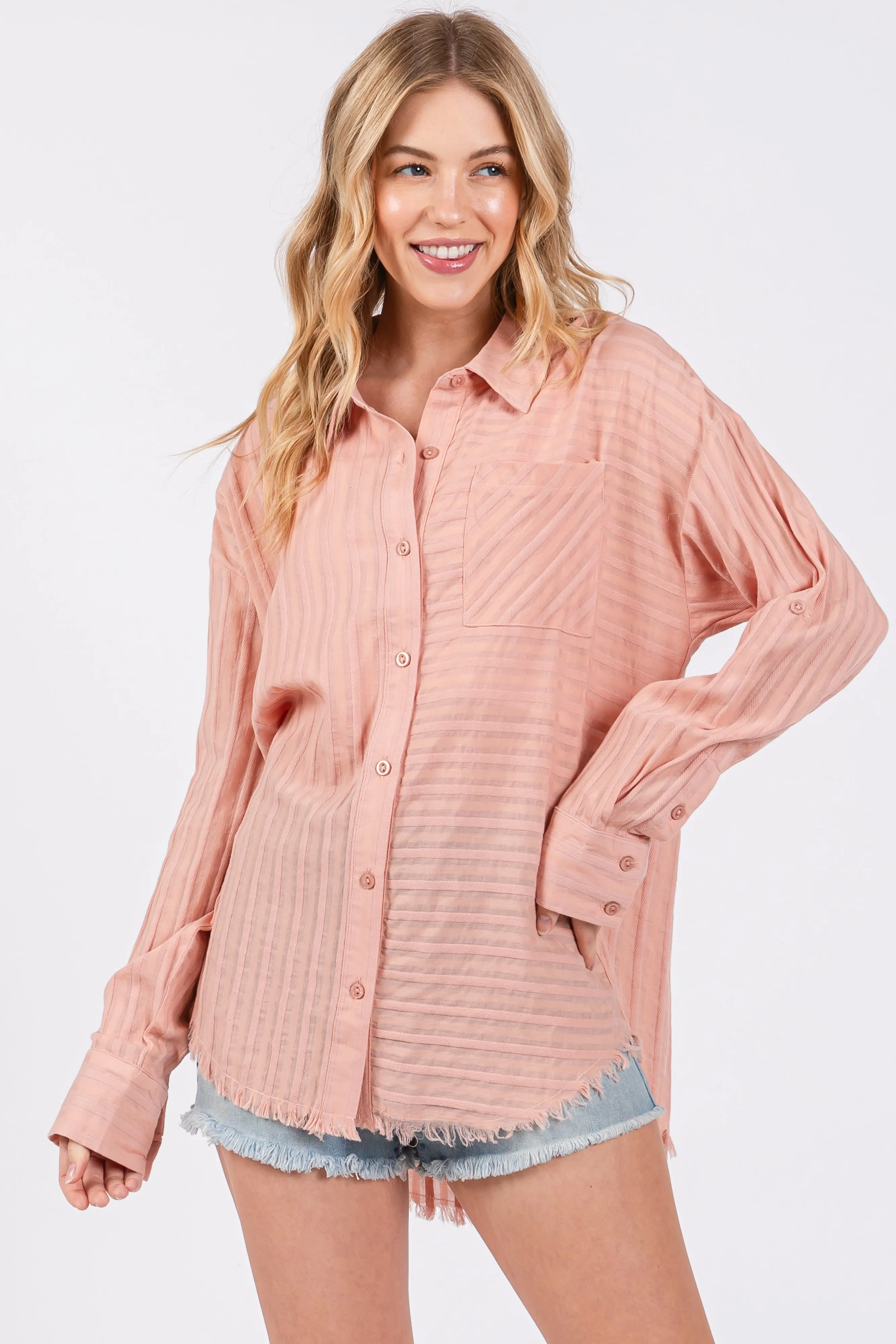 Mauve Striped Fringe Button Down Shirt sold by Pinkblush