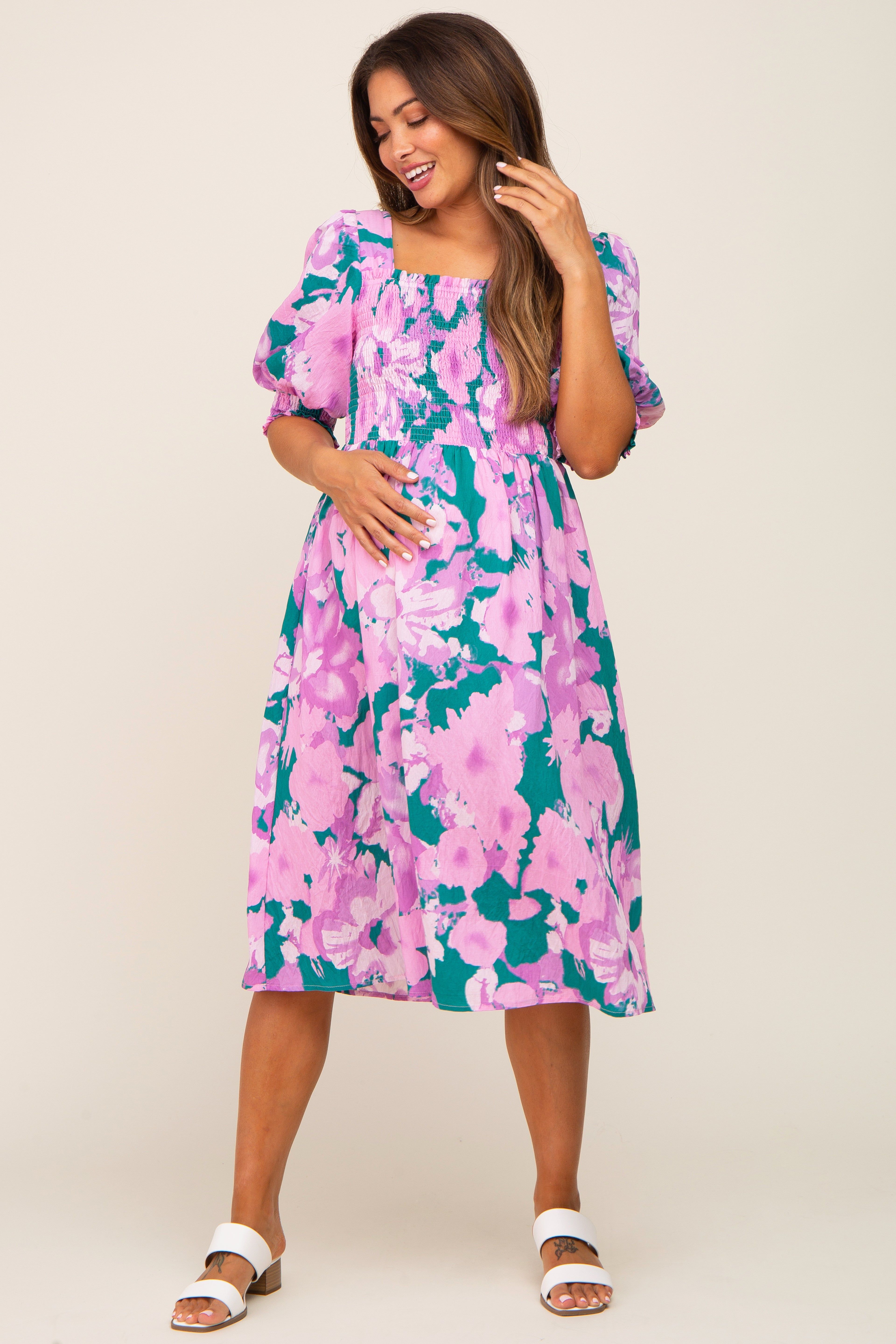 Lavender Floral Square Neck Smocked Maternity Midi Dress sold by Pinkblush