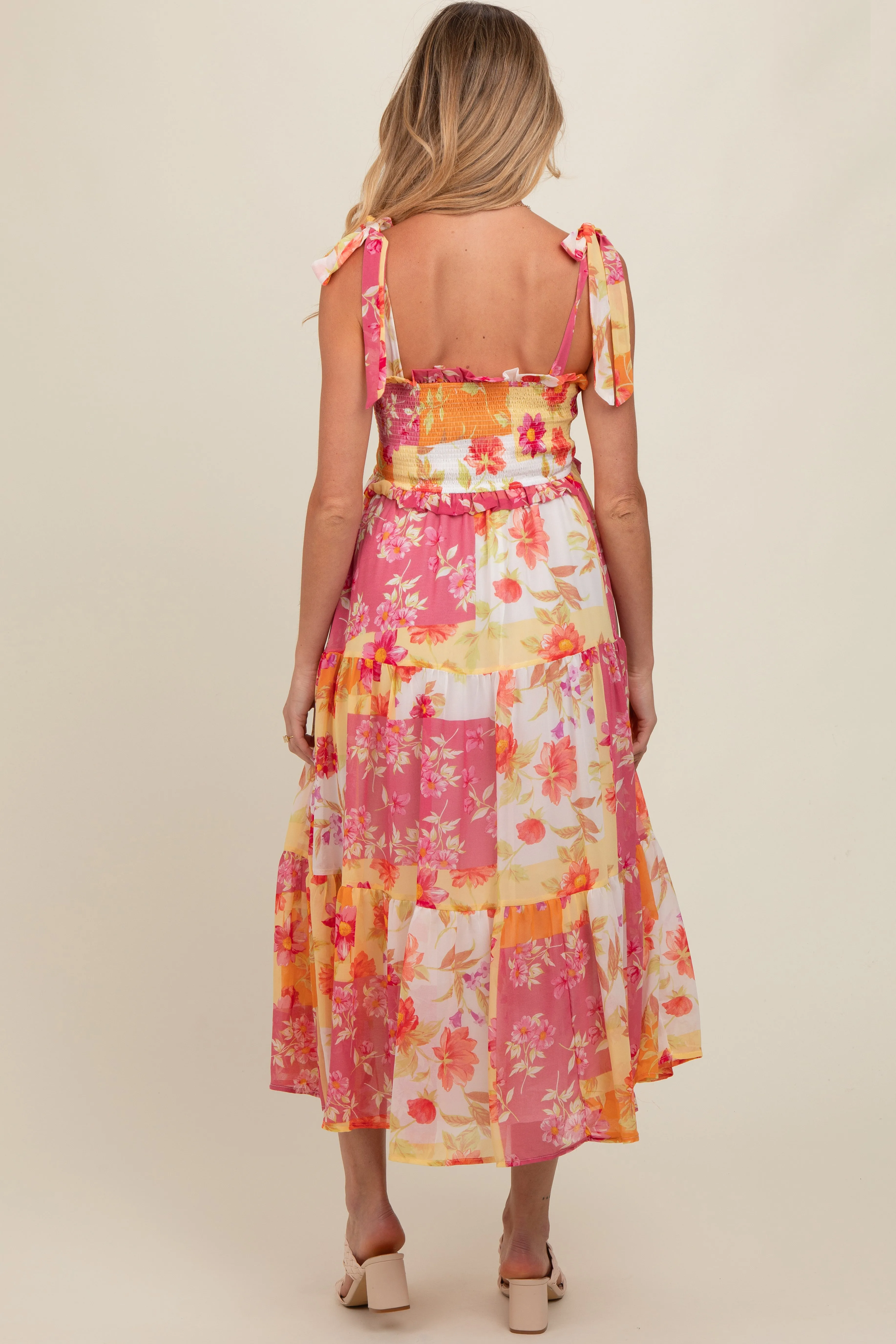 Ivory Floral Smocked Tiered Maternity Midi Dress sold by Pinkblush product image thumbnail 4