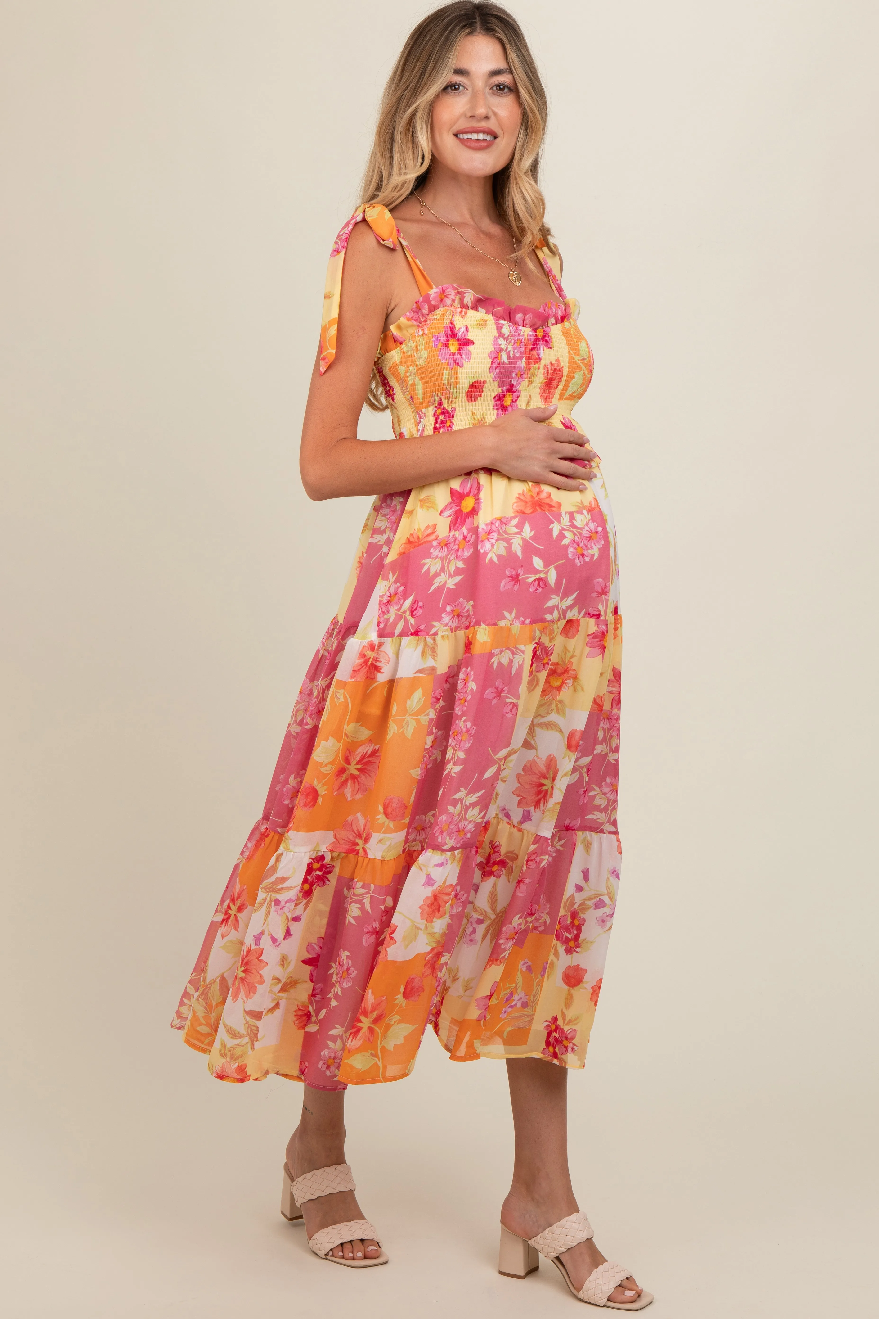 Ivory Floral Smocked Tiered Maternity Midi Dress sold by Pinkblush