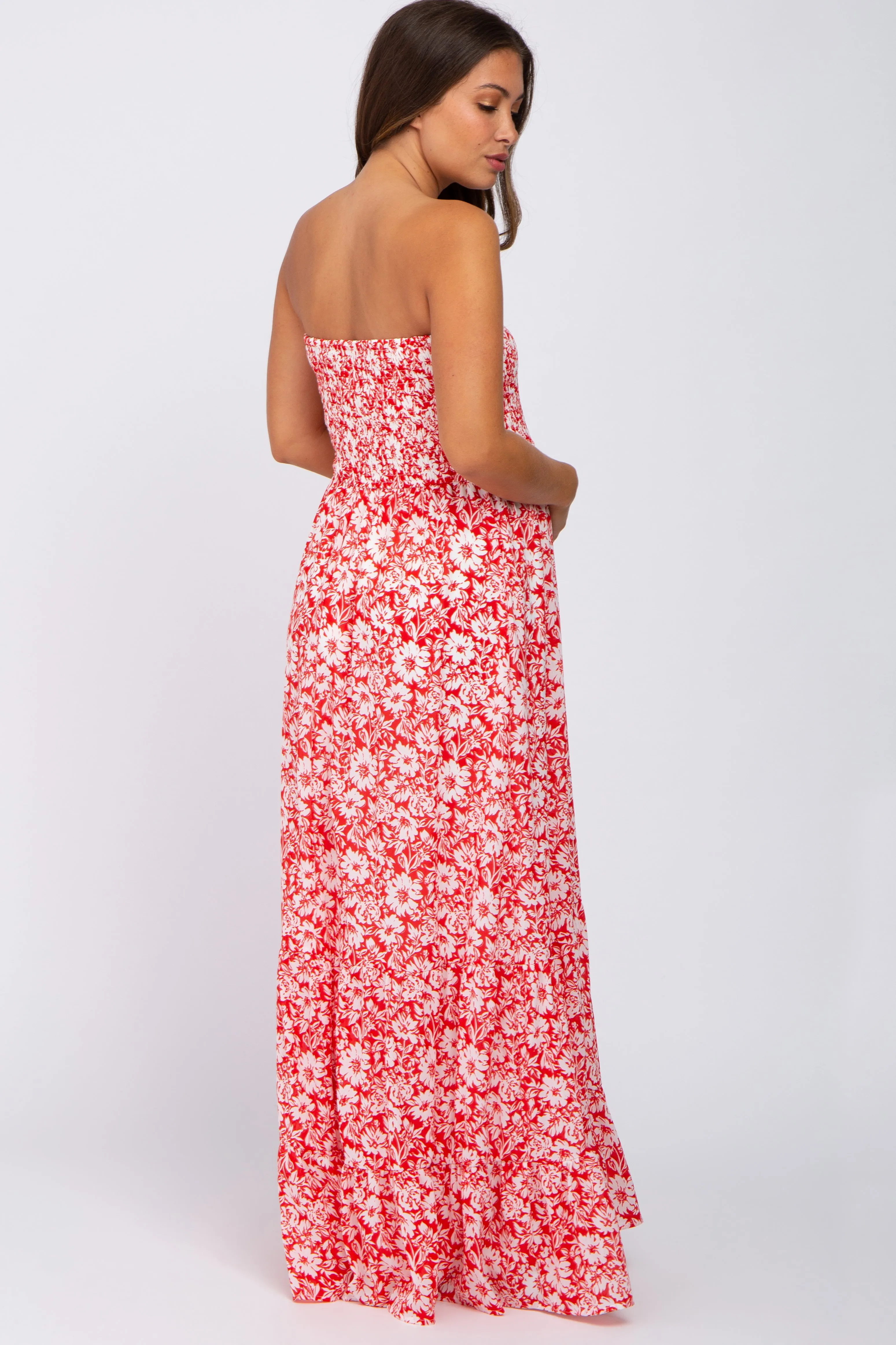 Red Floral Strapless Smocked Maternity Maxi Dress sold by Pinkblush product image thumbnail 3