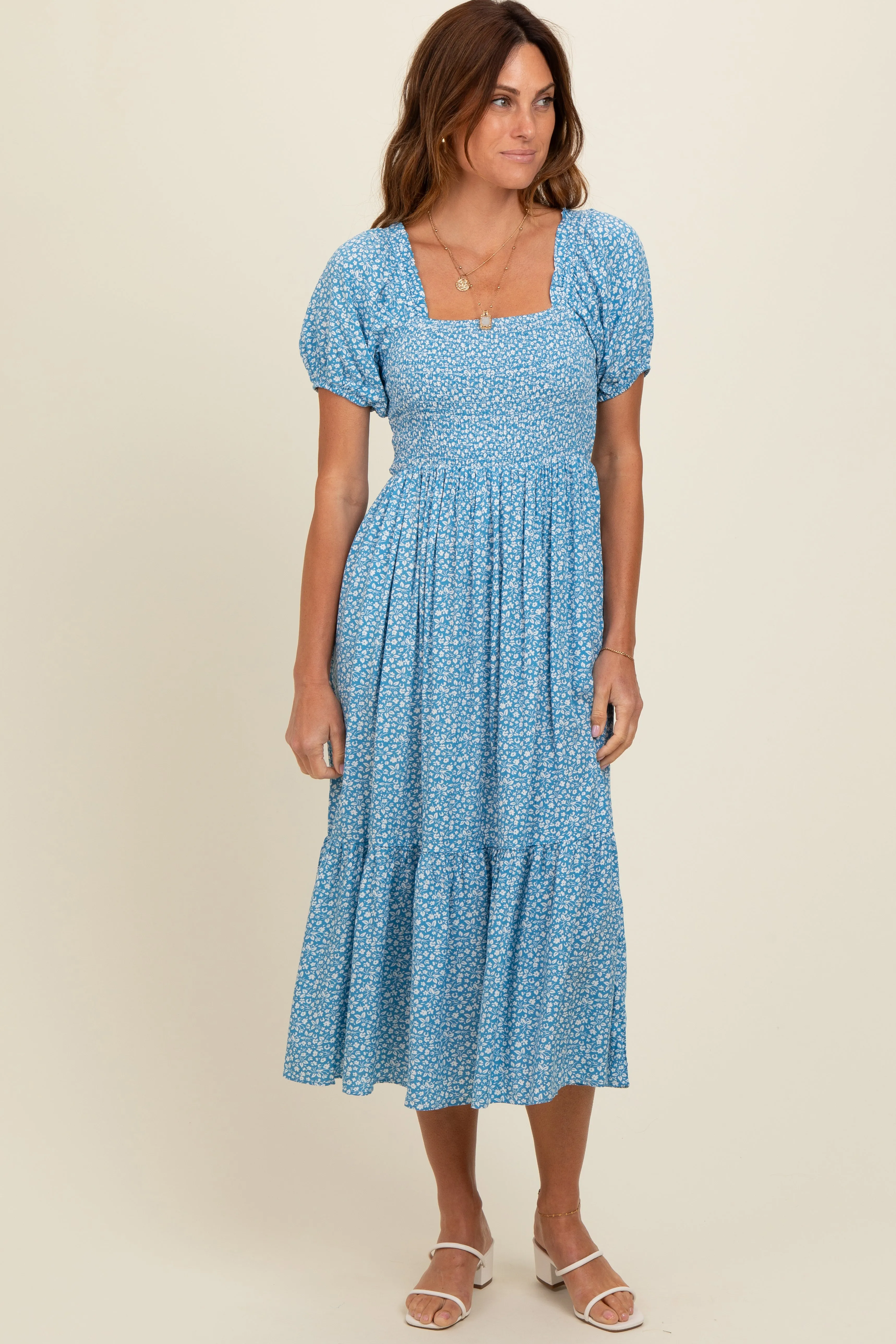 Blue Floral Smocked Ruffle Hem Midi Dress sold by Pinkblush product image thumbnail 2