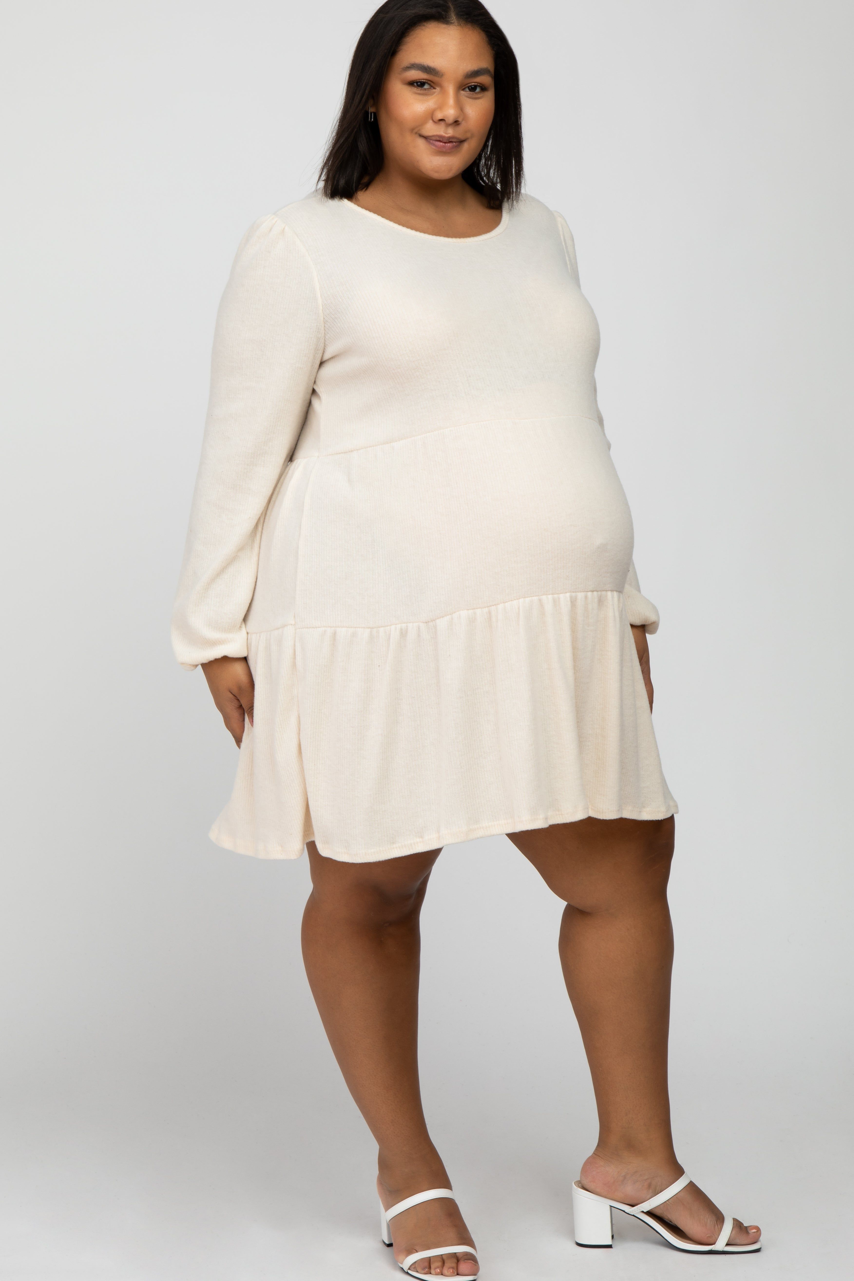 Cream Brushed Knit Tiered Maternity Plus Dress sold by Pinkblush