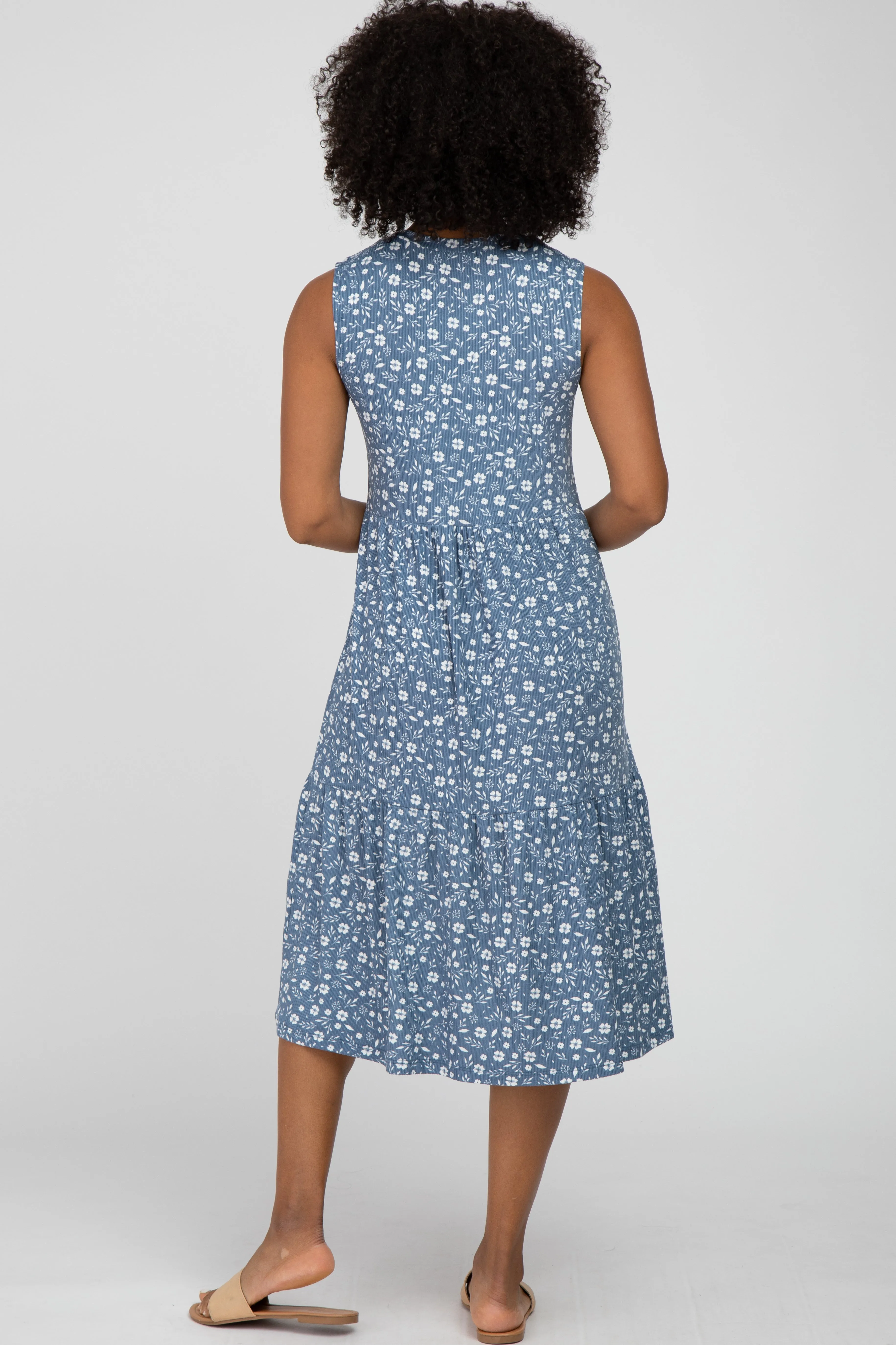 Blue Floral Ribbed Tiered Midi Dress sold by Pinkblush product image thumbnail 3