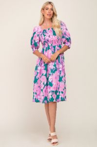 Lavender Floral Square Neck Smocked Maternity Midi Dress sold by Pinkblush