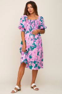 Lavender Floral Square Neck Smocked Maternity Midi Dress sold by Pinkblush
