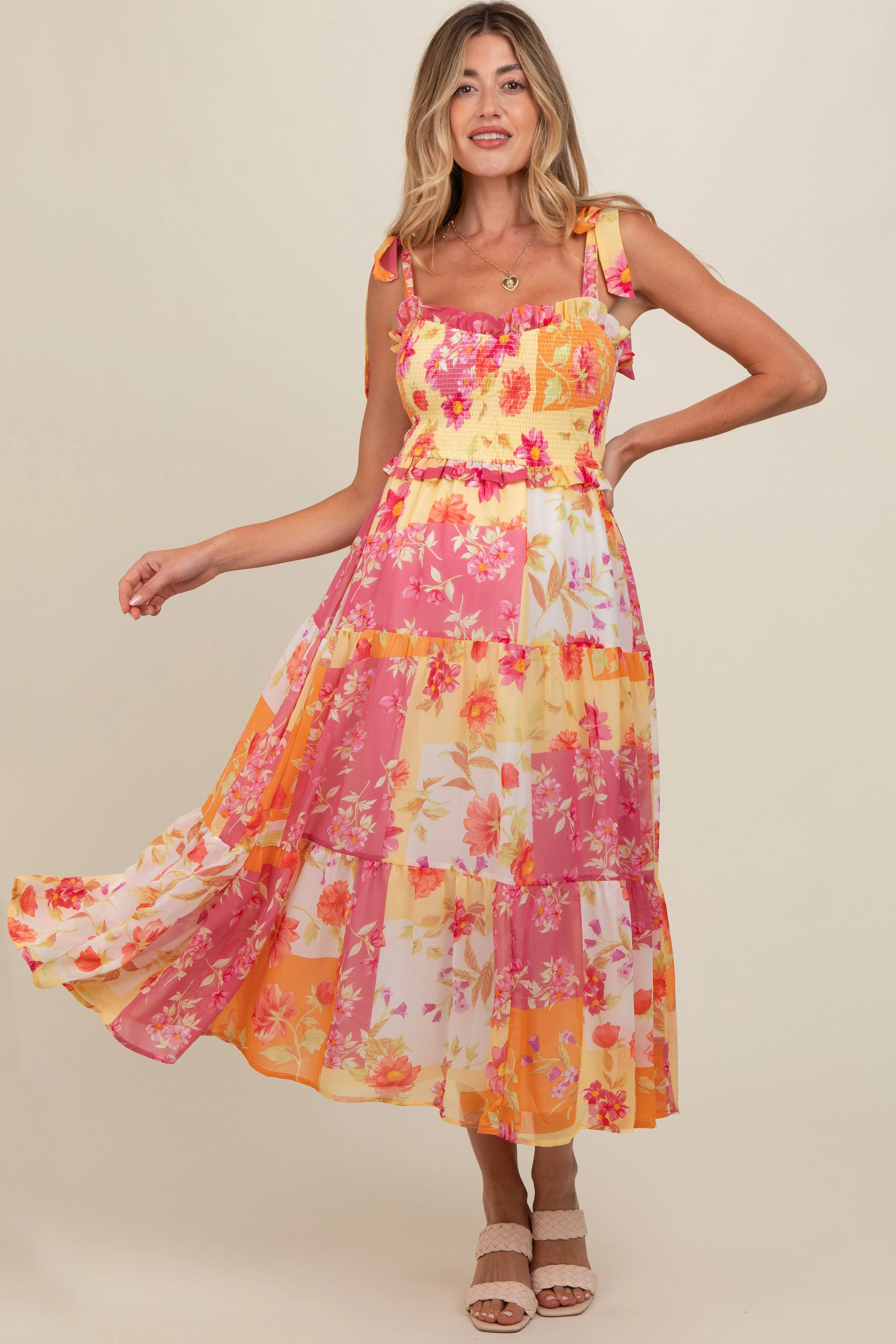 Ivory Floral Smocked Tiered Maternity Midi Dress sold by Pinkblush product image thumbnail 2